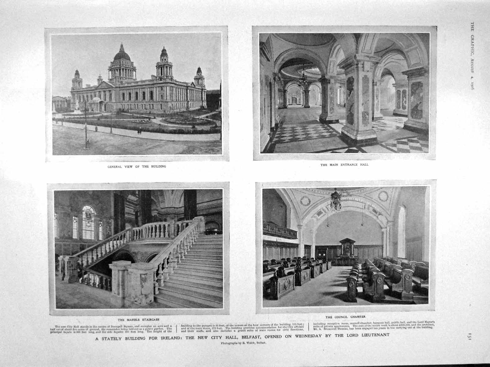 Old Antique Print 1906 City Hall Belfast Council Chamber Taurida Palace 20th