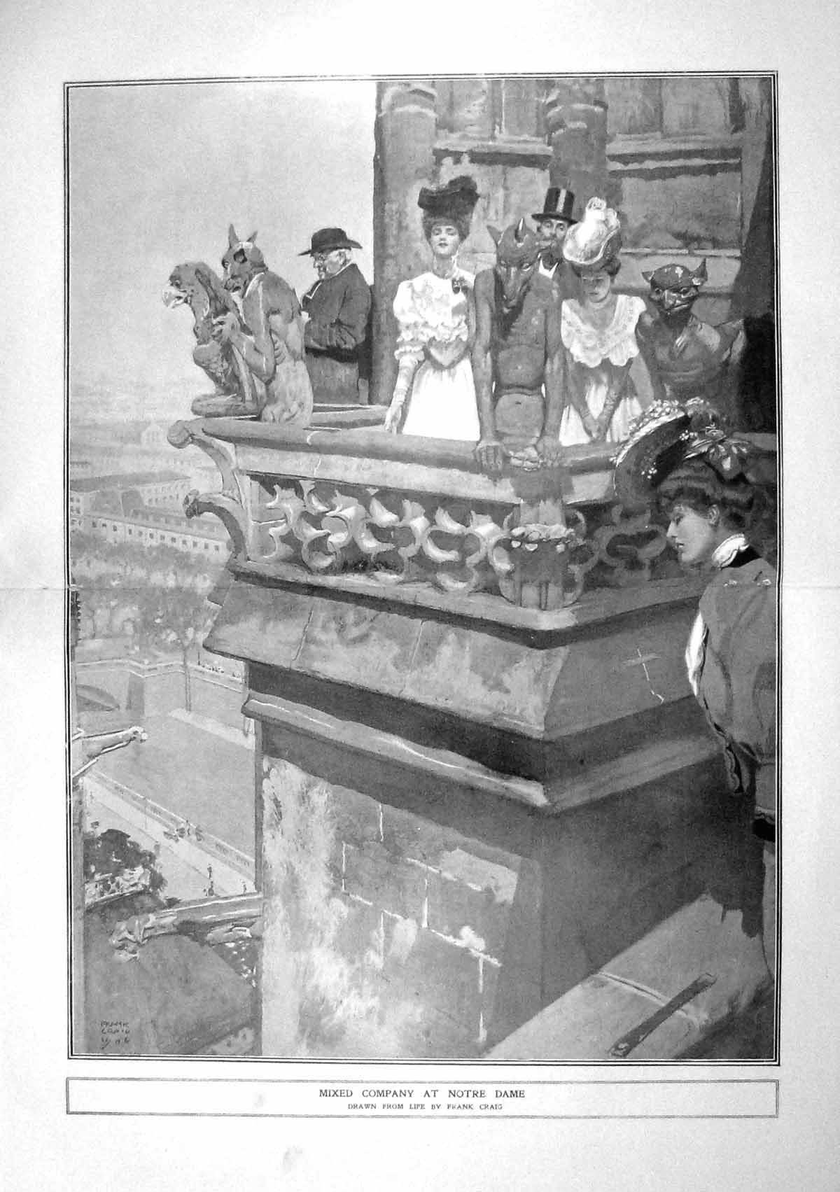 Original Old Antique Print 1906 Mixed Company Notre Dame Statue Tourist Craig