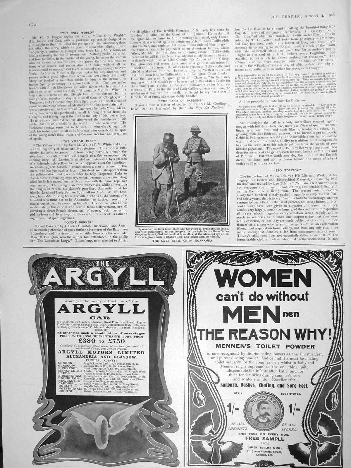 Original Old Antique Print 1906 Rebel Chief Sigananda Argyll Motor Car Mennens