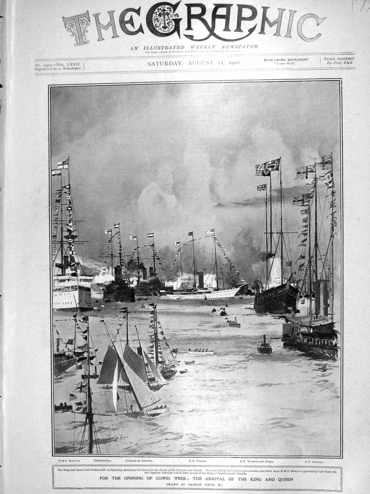 Original Old Antique Print 1906 Coews Ships Renown Estramadura Victoria Osborne