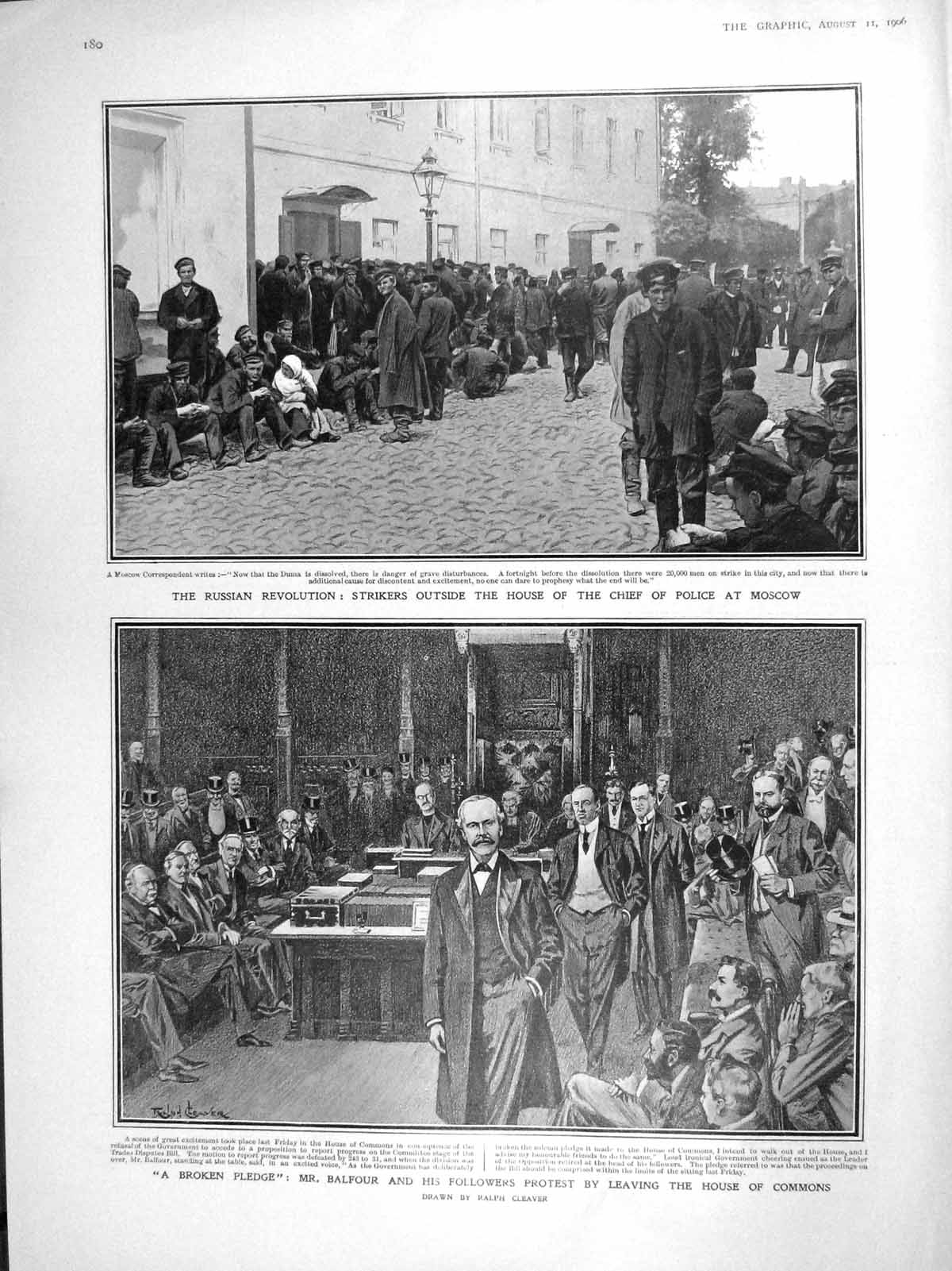 Old Antique Print 1906 Russian Revolution Police Moscow Balfour Commons 20th