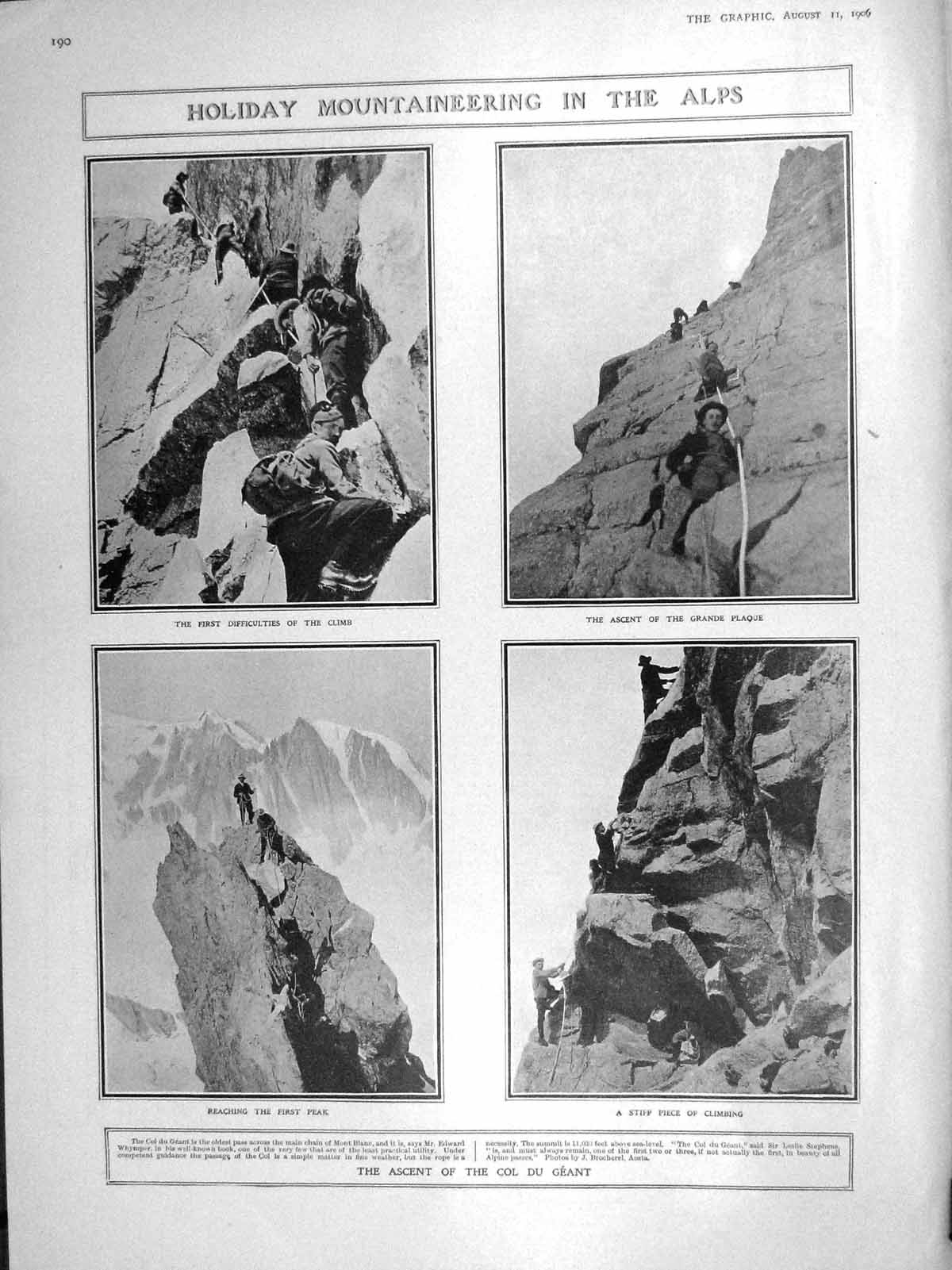 Old Antique Print 1906 Alps Mountains Col Du Geant Mountaineering Plaque 20th