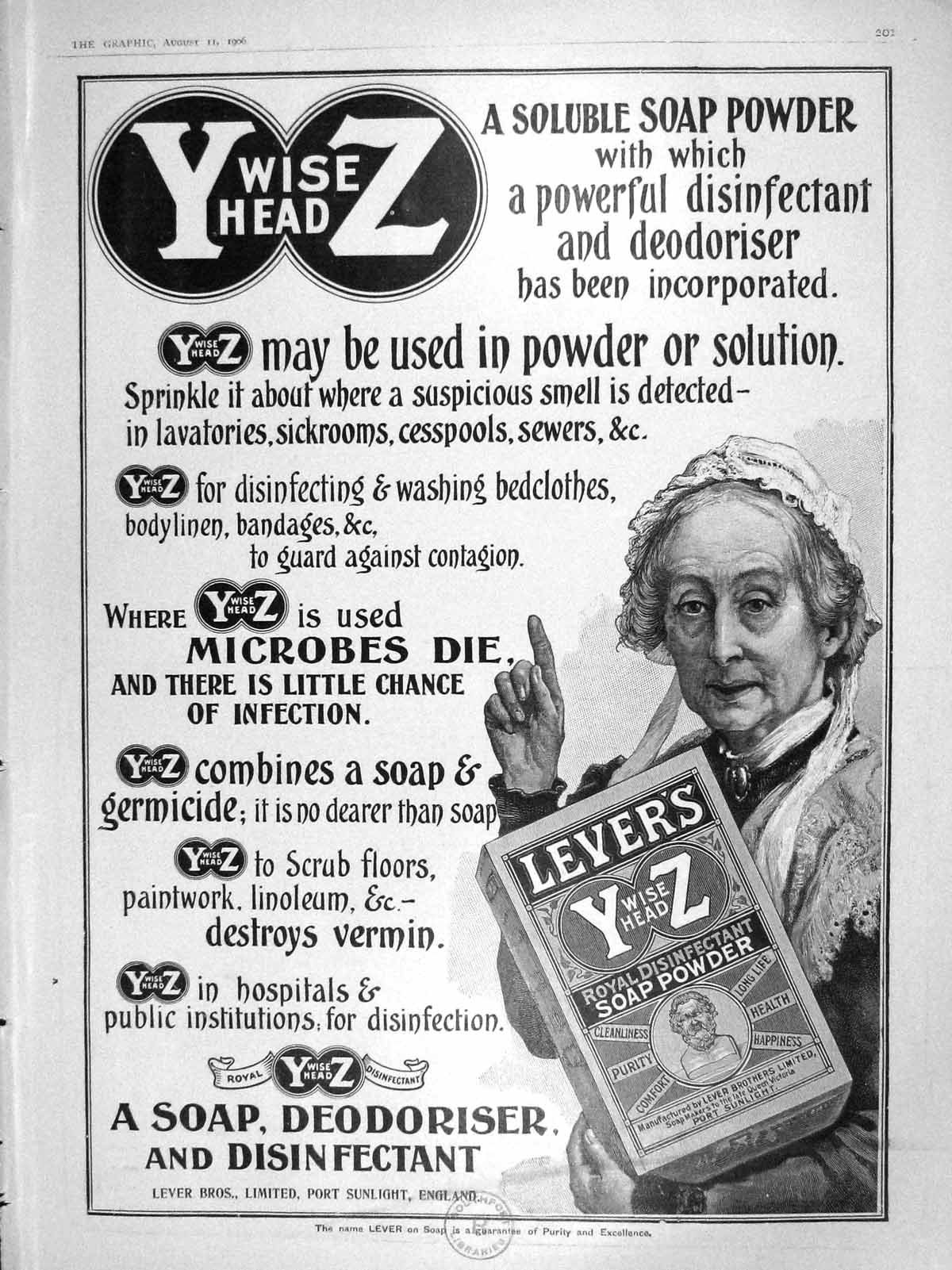 Original Old Antique Print 1906 Advertisement Levers Wise Head Soap Powder 20th
