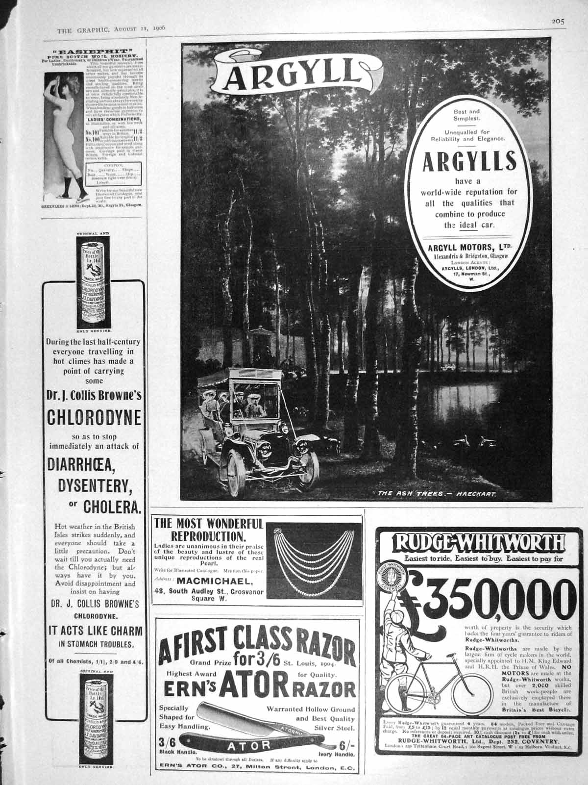 Old Antique Print 1906 Argyll Motor Car Rudge-Whitworth Razor Chlorodyne 20th