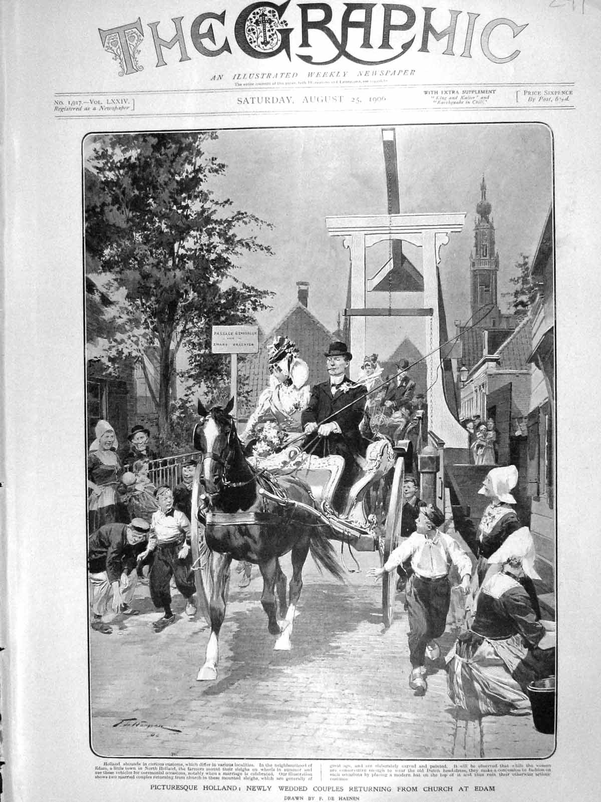 Original Old Antique Print 1906 Holland Wedding Church Edam Married Couples