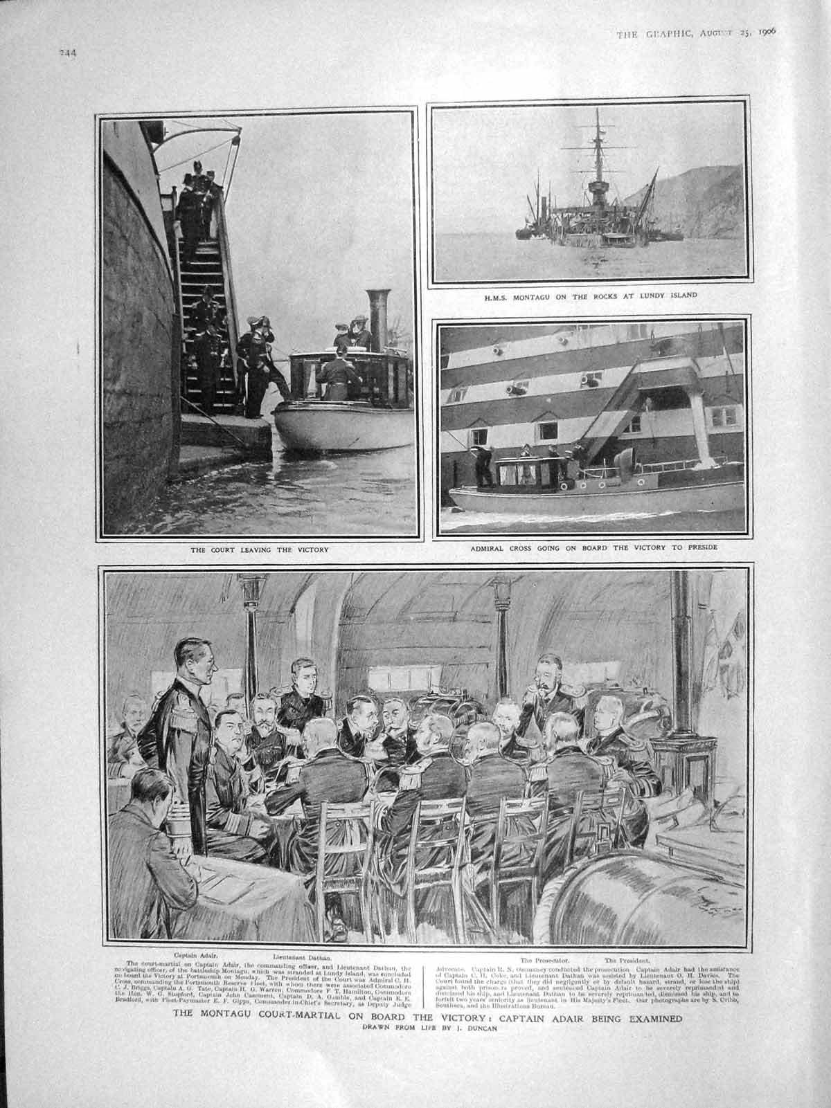 Original Old Antique Print 1906 Montagu Court-Martial Victory Ship Adair Cross