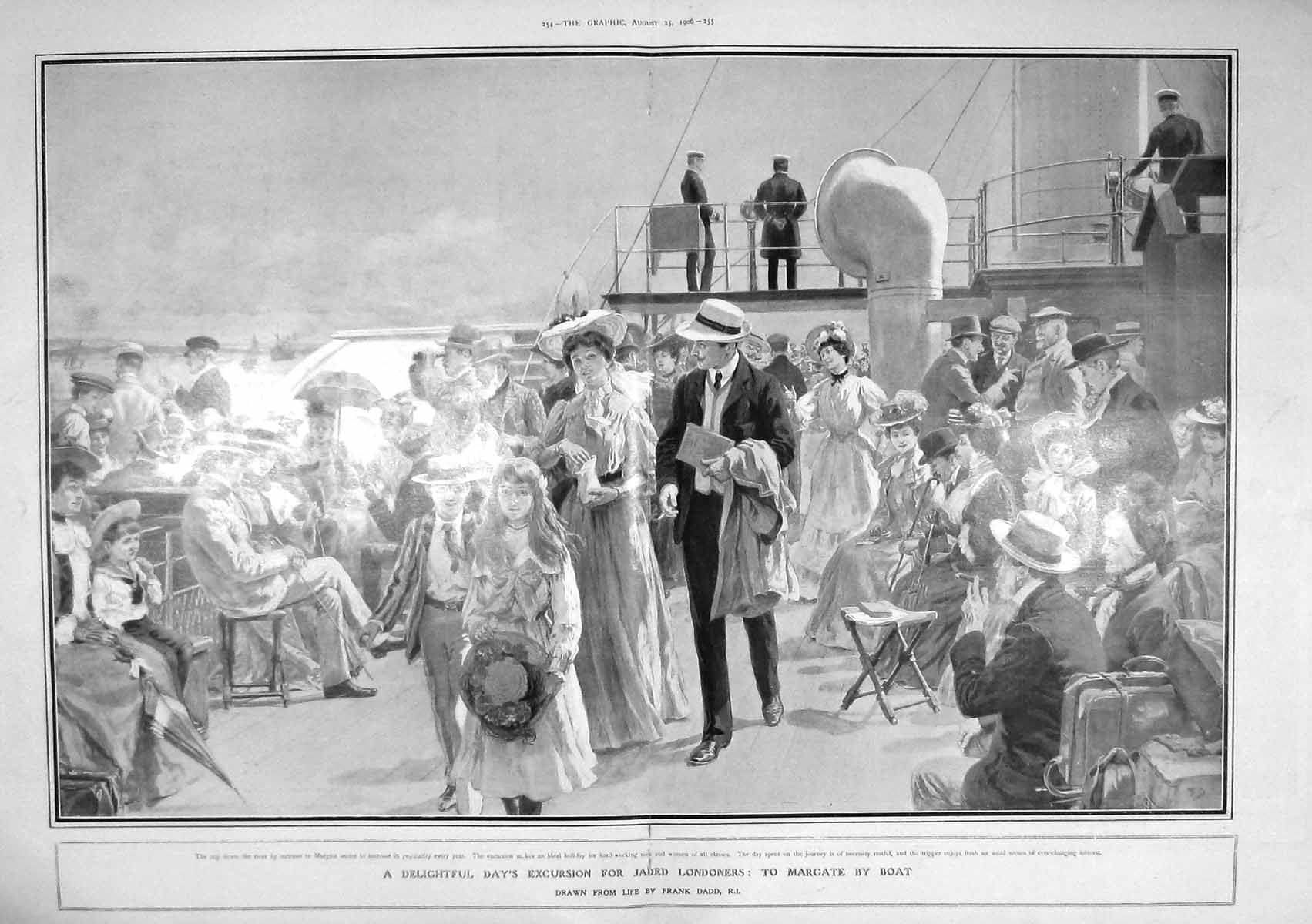 Original Old Antique Print 1906 Day Trip Tourists Londoners Margate Boat Dadd