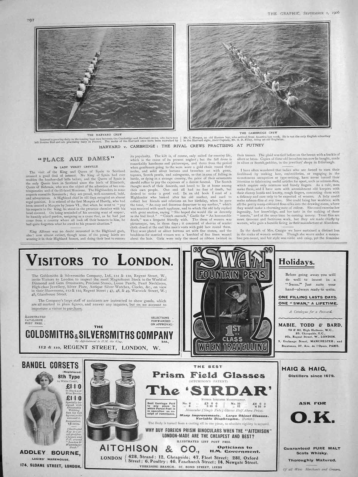 Old Antique Print 1906 Harvard Cambridge Boat Race Putney Aitchison Glass 20th