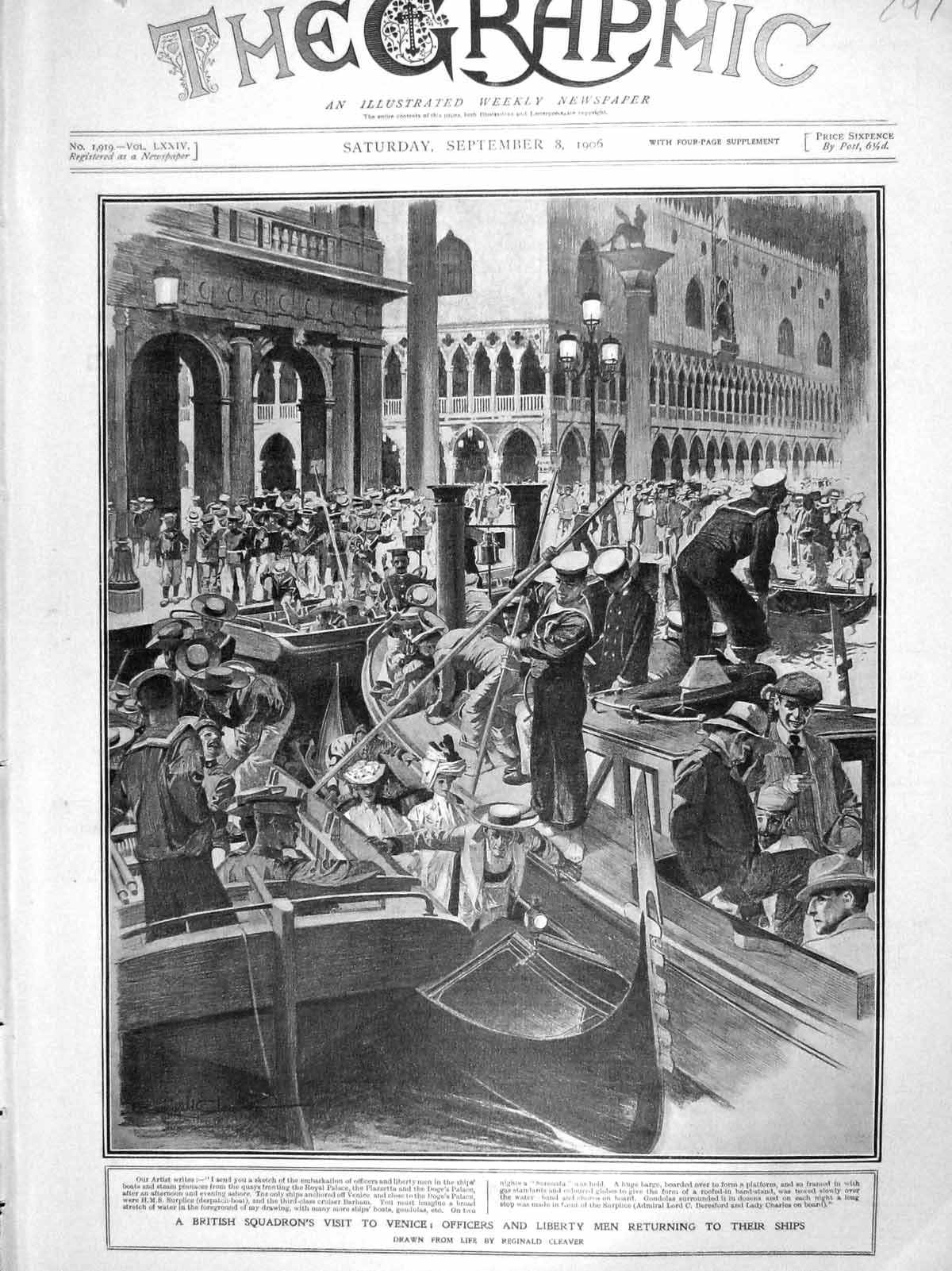 Original Old Antique Print 1906 British Sailors Venice Liberty Men Canal Boats