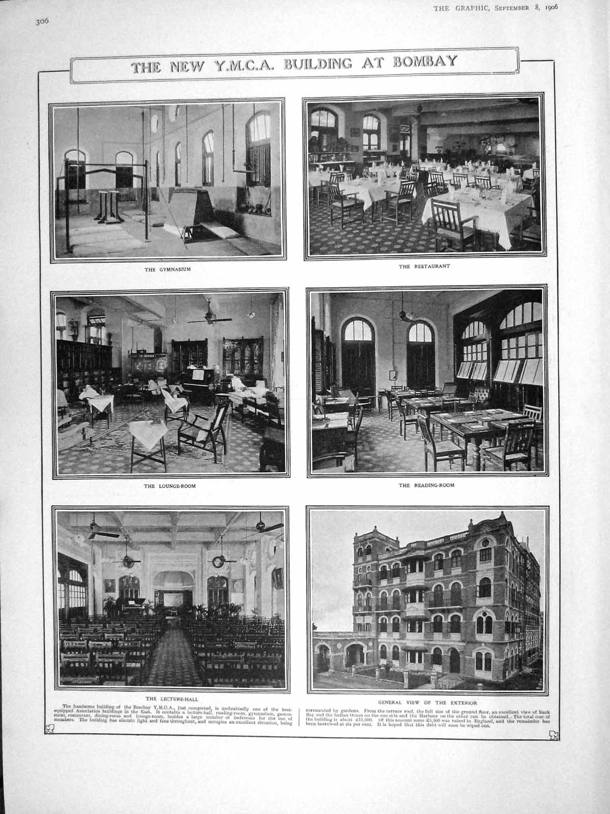 Original Old Antique Print 1906 Y.M.C.A. Building Bombay Gymnasium Restaurant