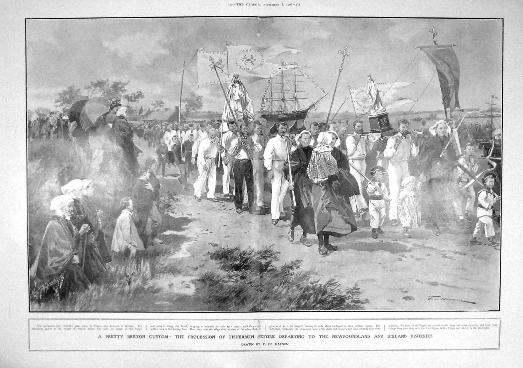 Old Antique Print 1906 Breton Procession Fishermen Newfoundland Iceland 20th