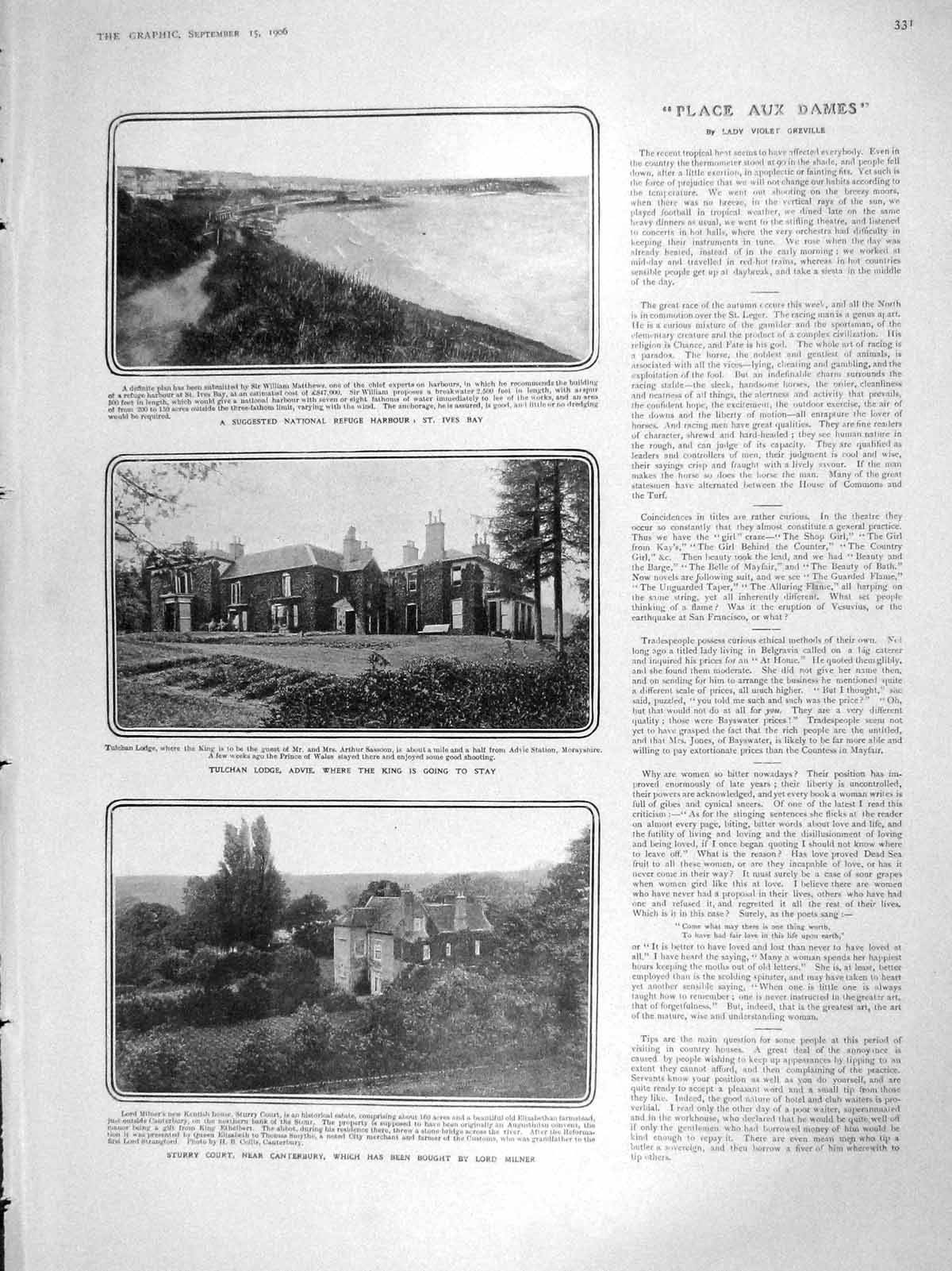 Old Antique Print 1906 Refuge Harbour Ives Bay Tulchan Lodge Sturry Lodge 20th