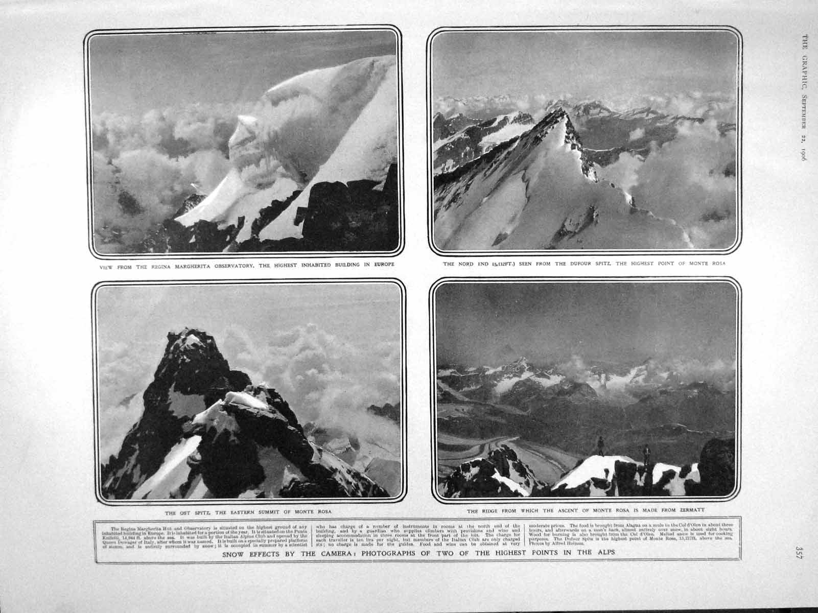 Old Antique Print 1906 Snow Alps Margherita Observatory Rosa Russia War 20th