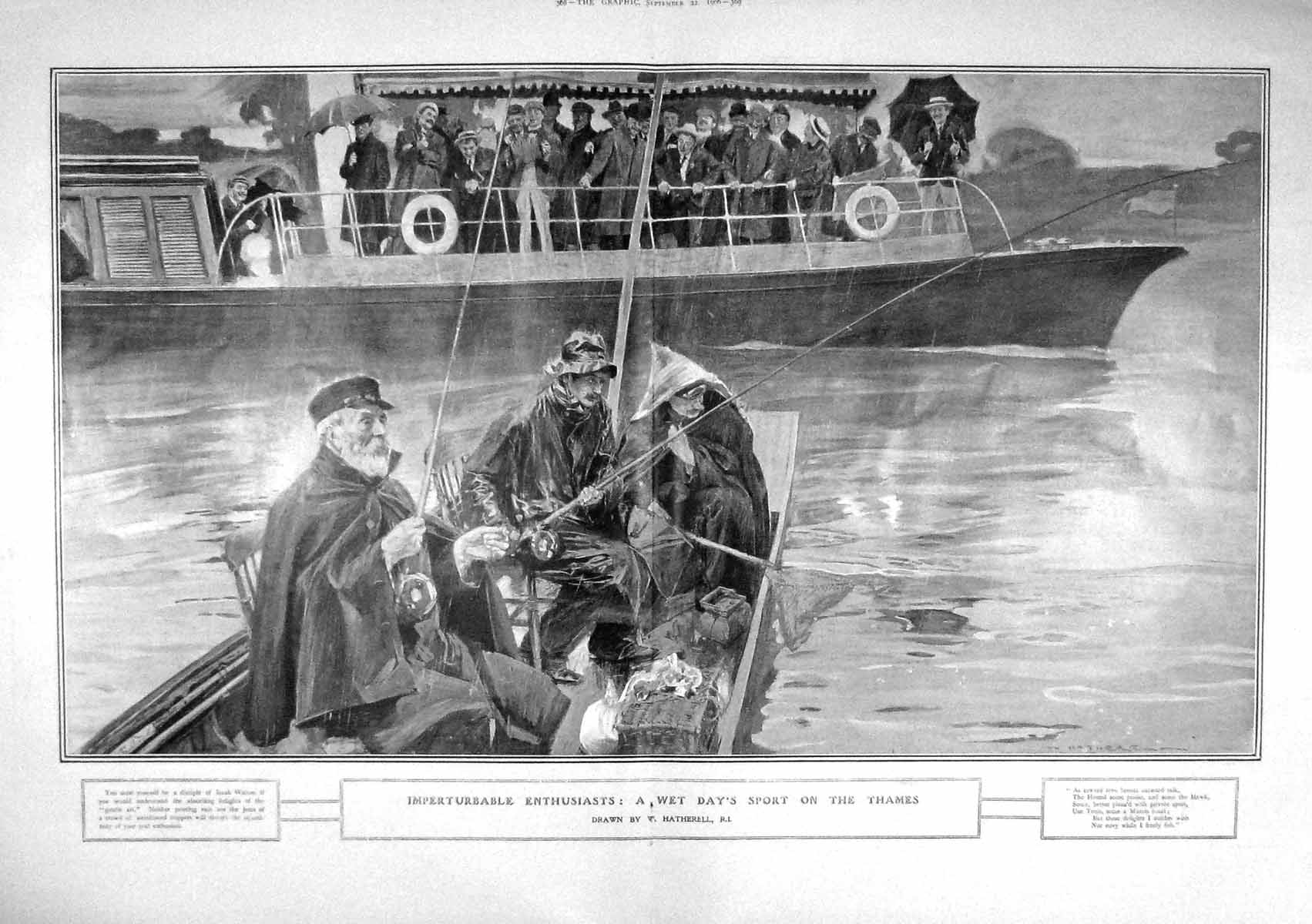 Original Old Antique Print 1906 Raining Men Fishing River Thames London Walton