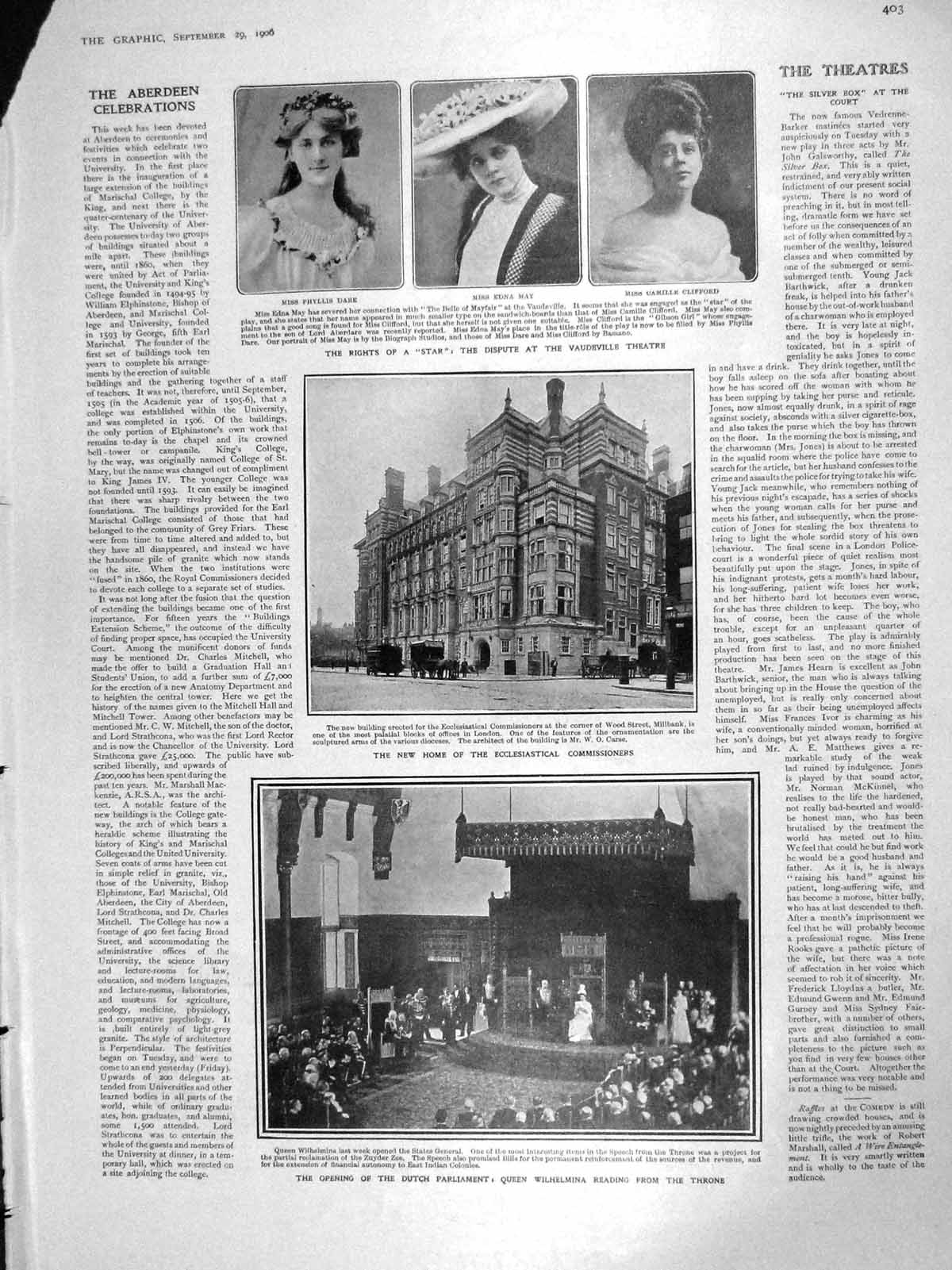 Original Old Antique Print 1906 Phyllis Dare Edna May Clifford Dutch Parliament