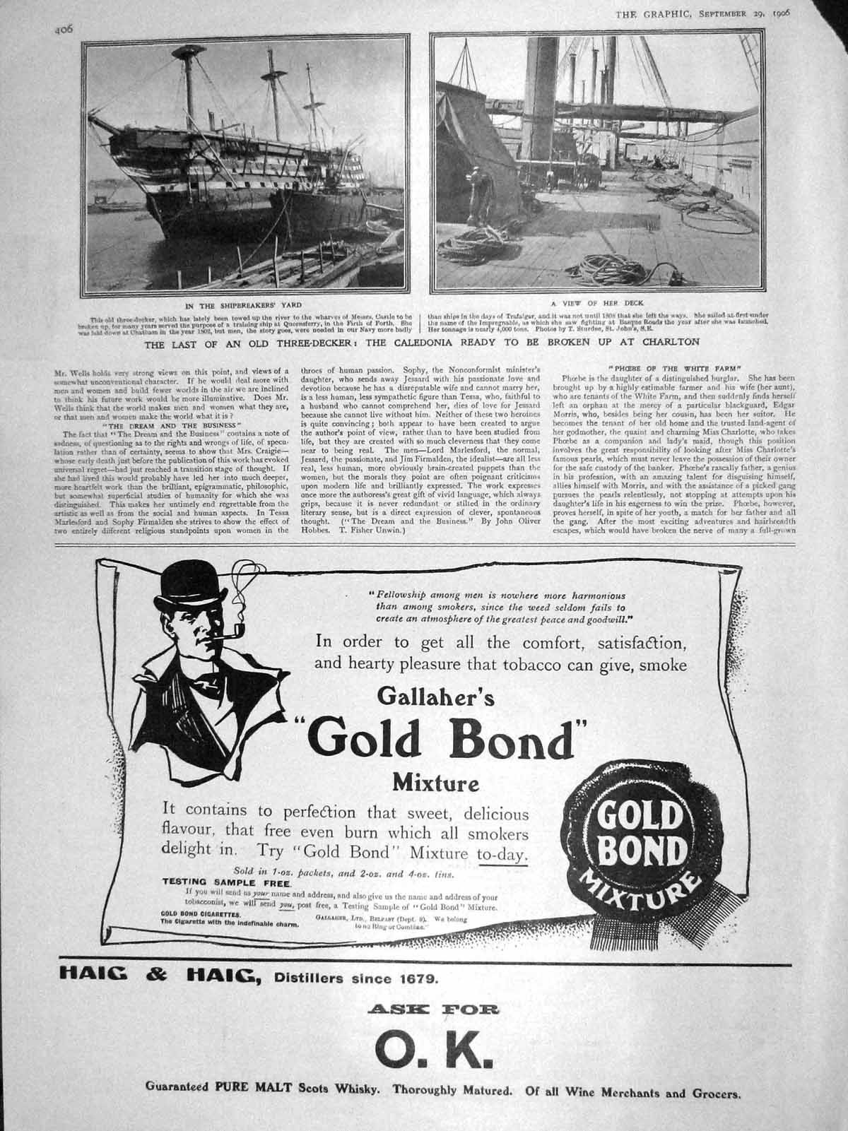 Old Antique Print 1906 Shipbreakers Yard Caledonia Charlton Ship Whisky 20th