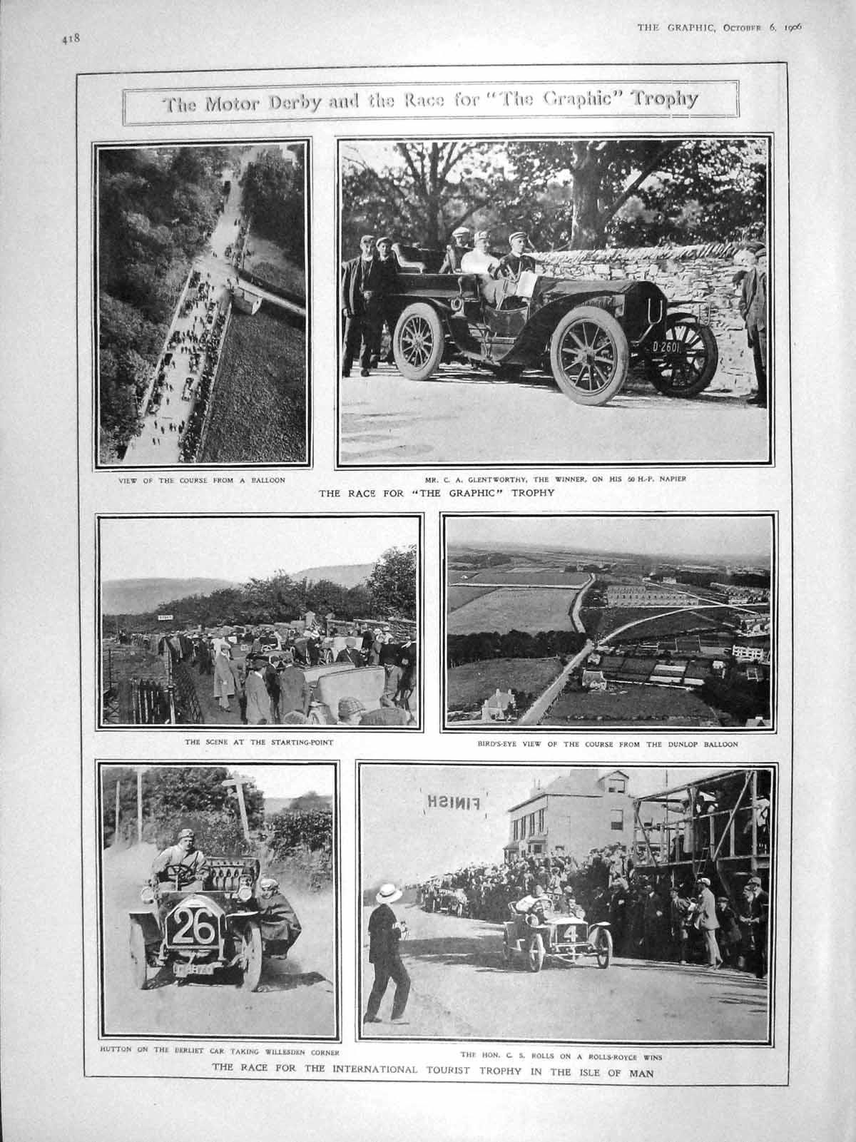 Old Antique Print 1906 Motor Car Derby Graphic Trophy Isle Man Willesden 20th