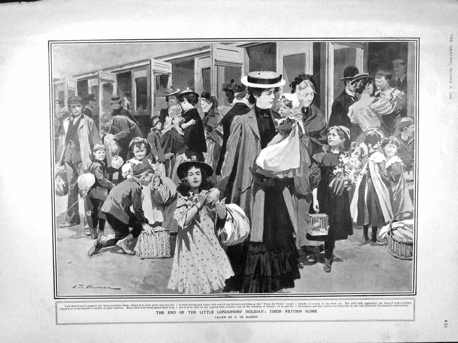 Old Antique Print 1906 London Children Holiday Train Cumberland Brunswick 20th