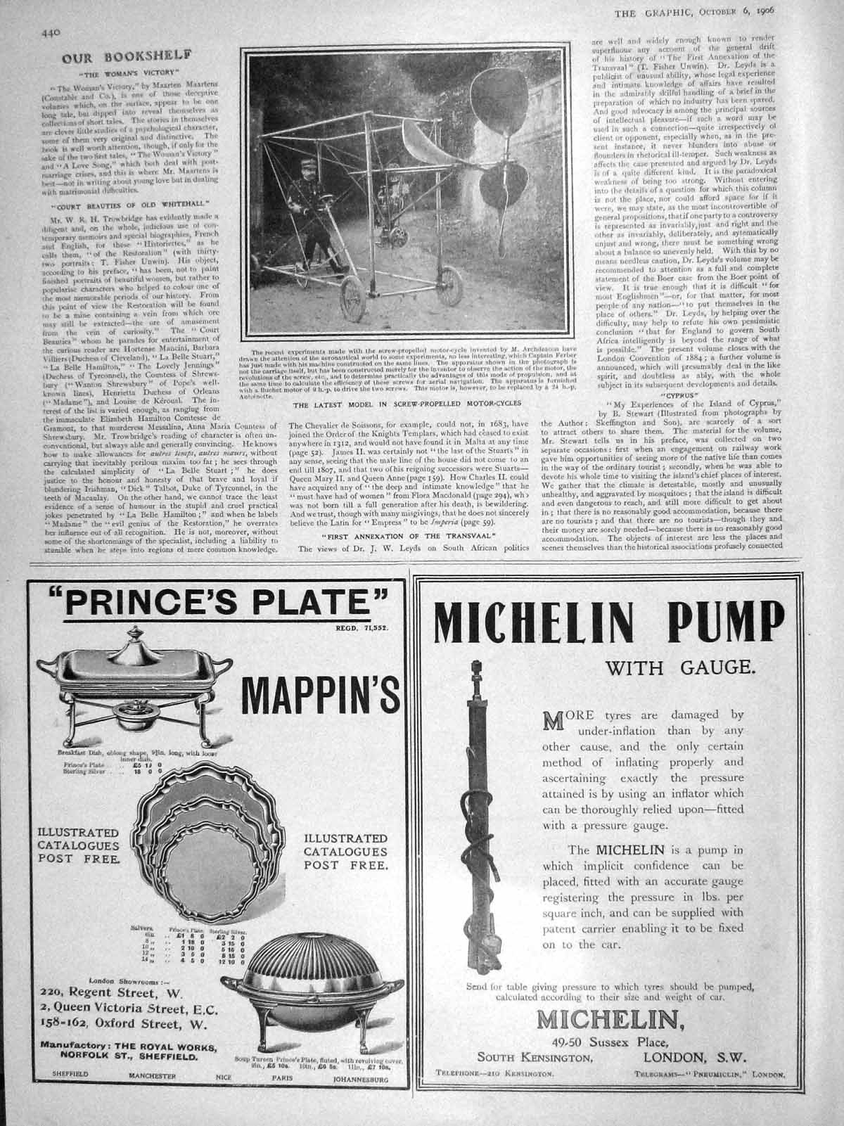 Original Old Antique Print 1906 Screw-Propelled Motor-Cycles Archdeacon Mappins