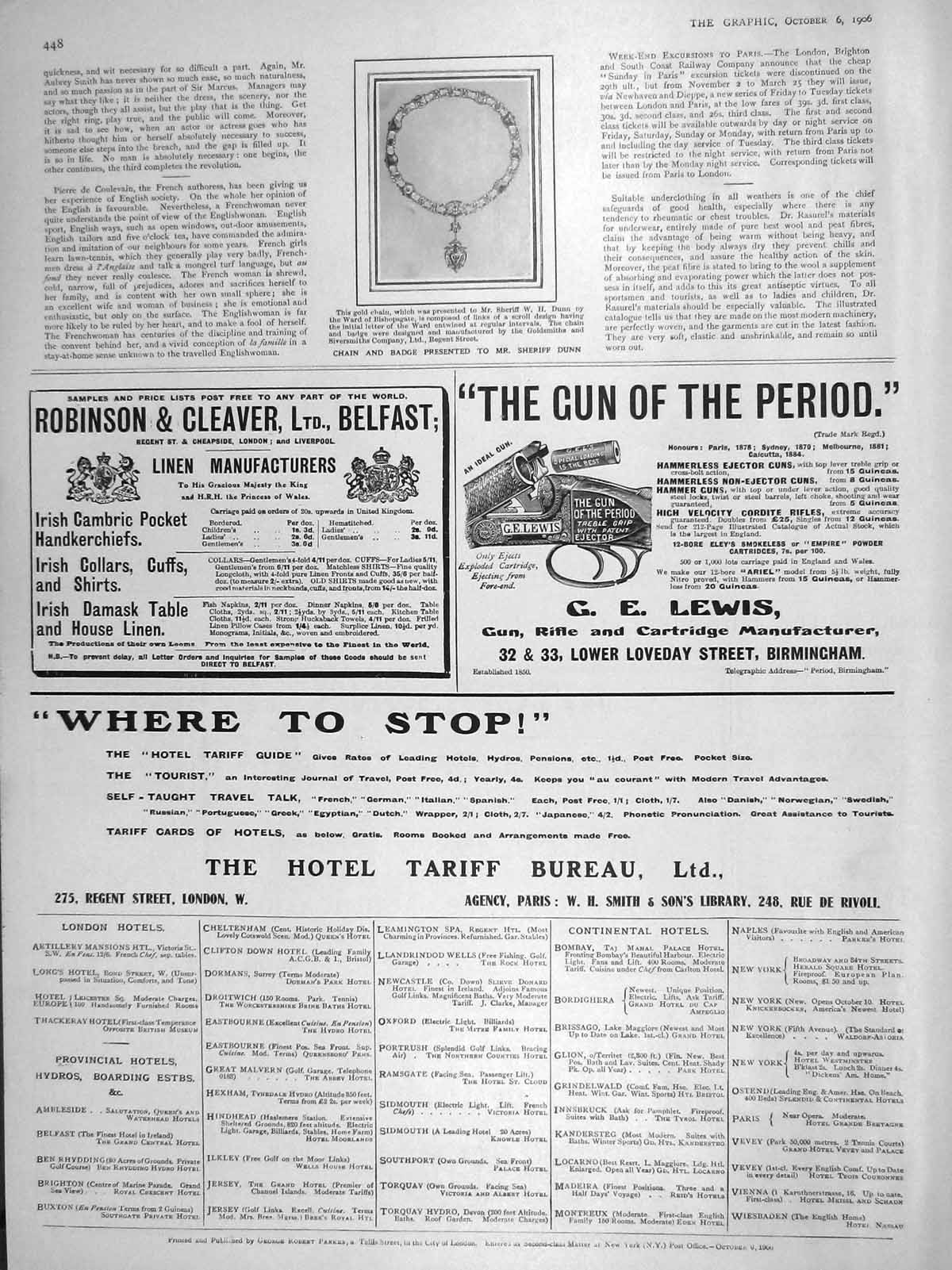 Old Antique Print 1906 Chain Badge Sheriff Dunn Ward Bishopgate Lewis Gun 20th