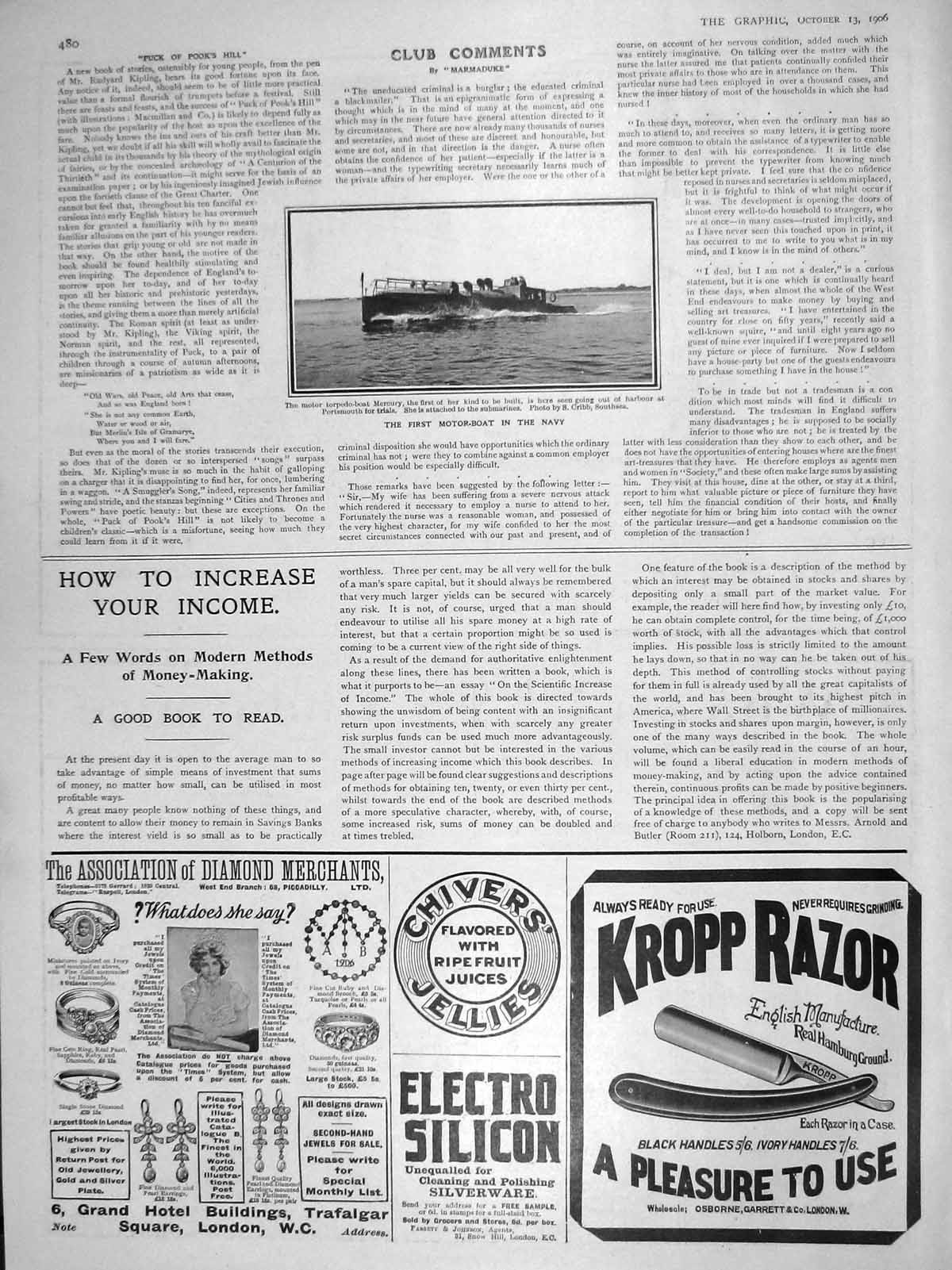 Original Old Antique Print 1906 Motor Boat Navy Mercury Submarines Kropp Razor