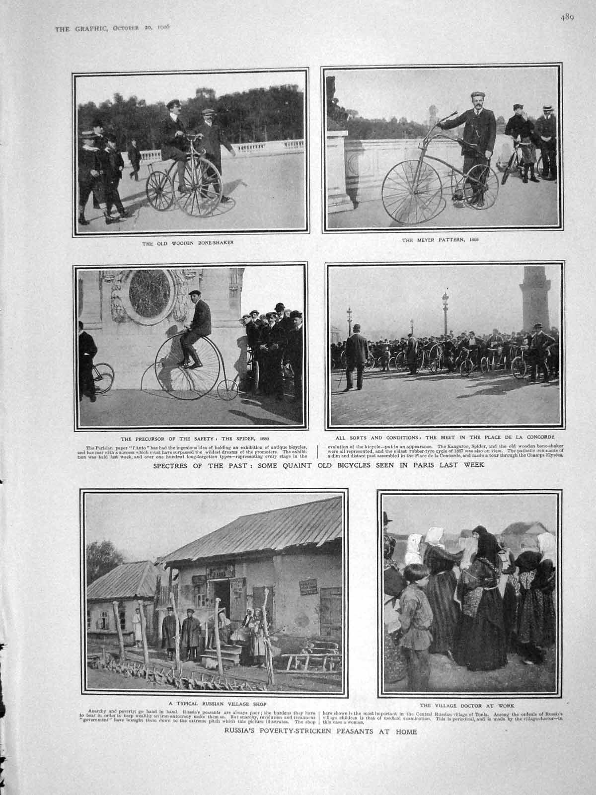 Original Old Antique Print 1906 Russia Peasants Bicycles Paris Zeppelin Airship