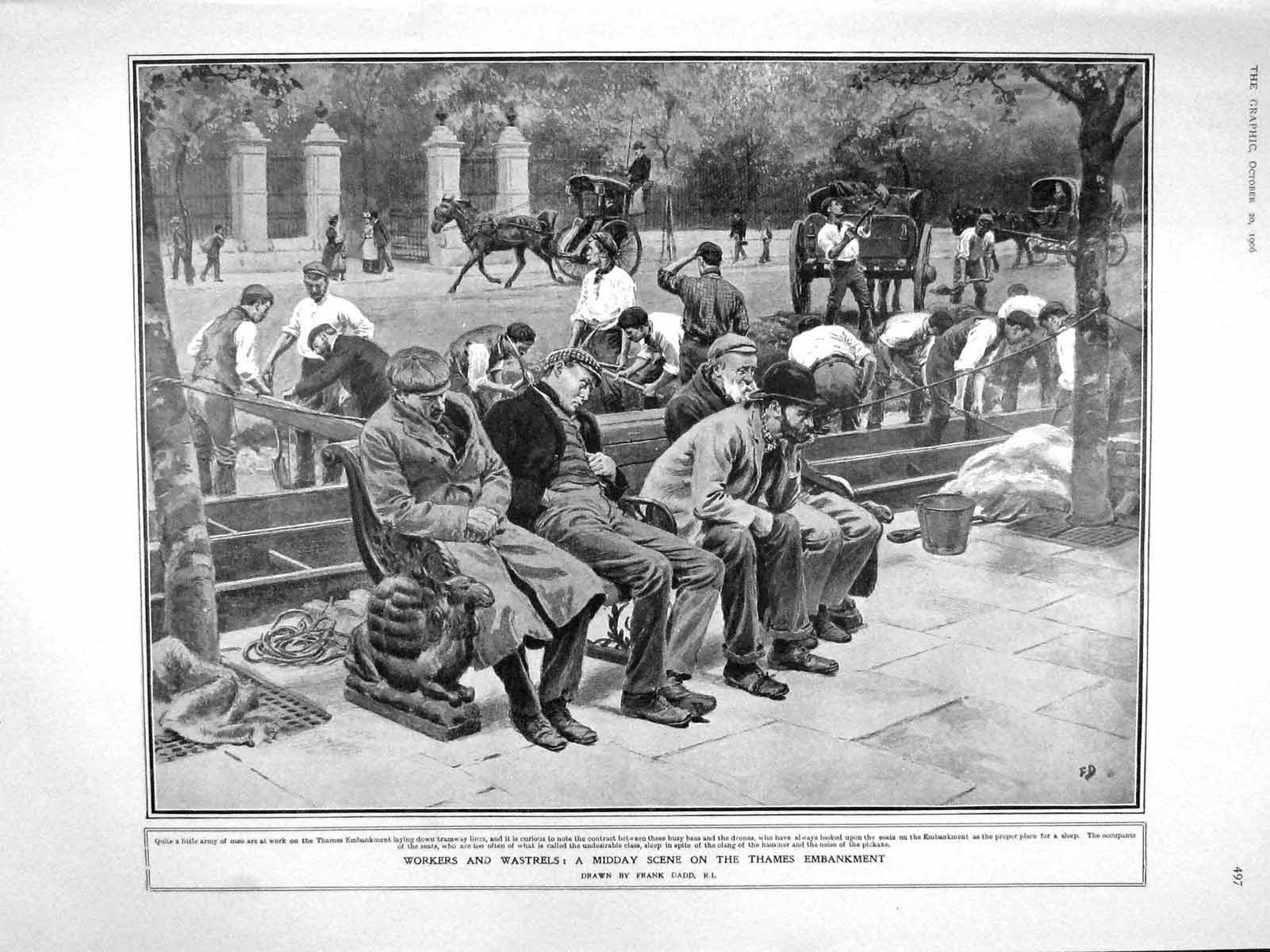 Original Old Antique Print 1906 Thames Embankment Workers Criterion Theatre
