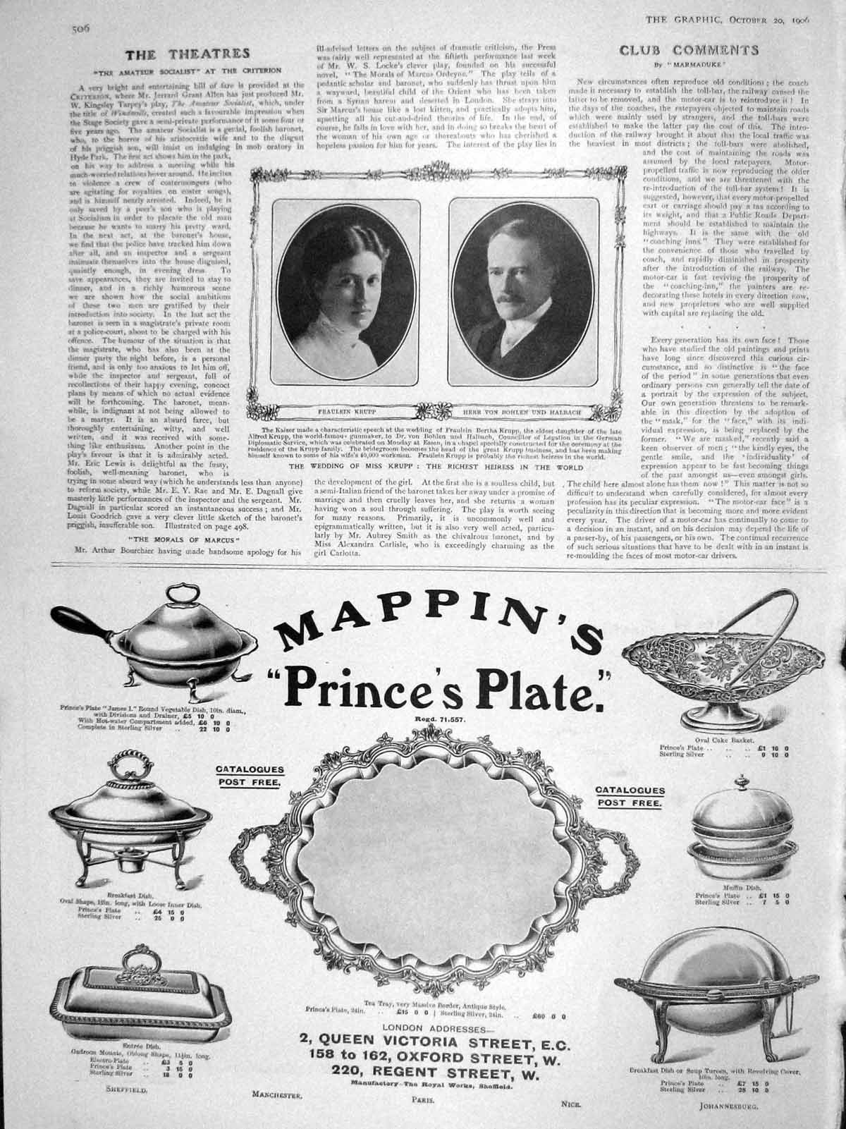 Old Antique Print 1906 Krupp Halbach Wedding Mappin Silver Dewars Whisky 20th