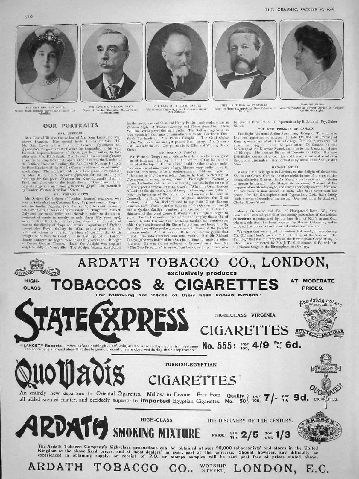 Old Antique Print 1906 Lewis-Hill Gatti Tangye Sweatman Melba Cigarettes 20th