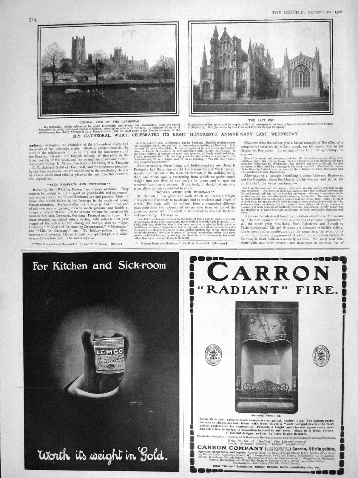 Original Old Antique Print 1906 Ely Cathedral Architecture Carron Fire Lemco