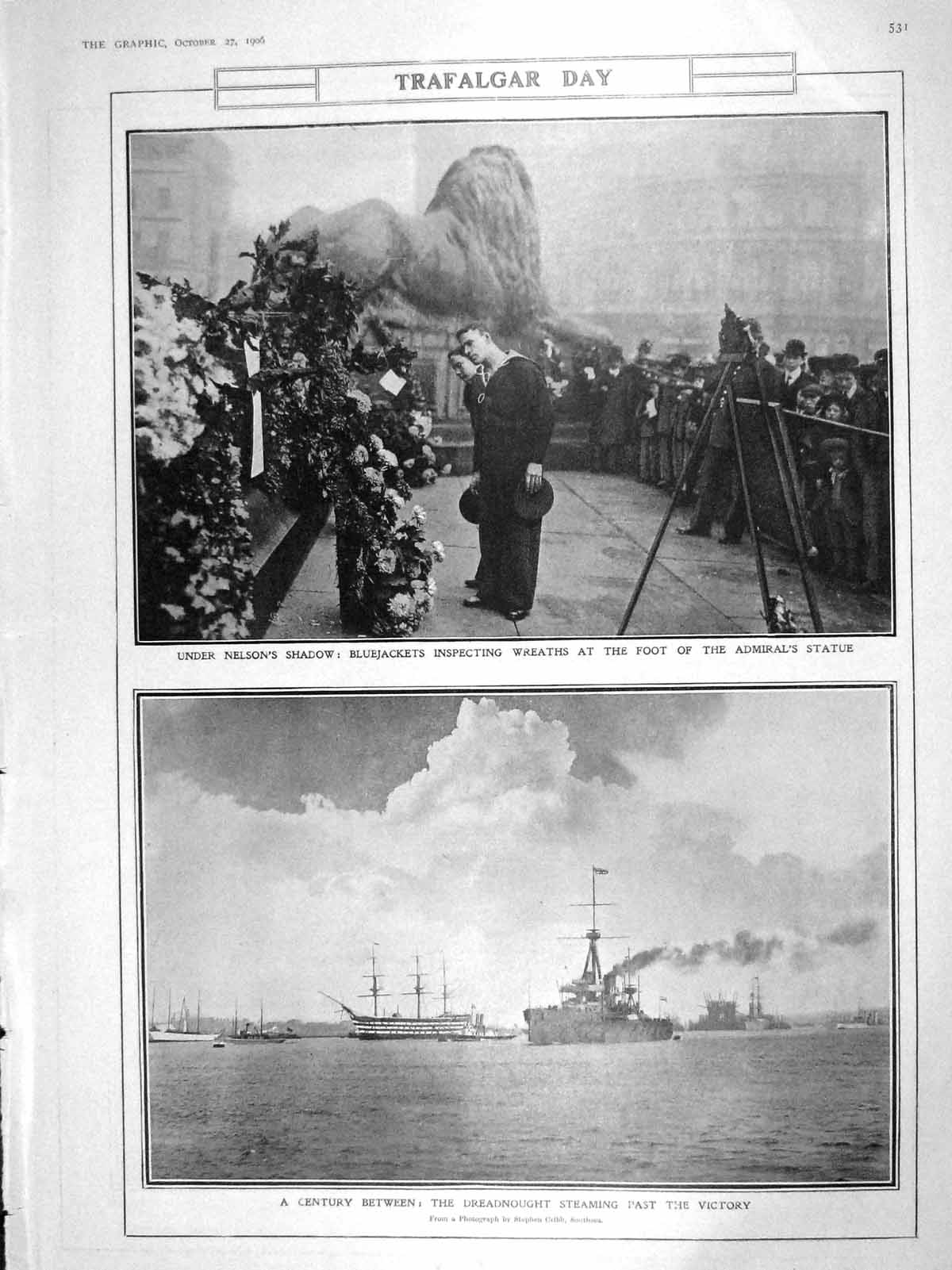 Old Antique Print 1906 Bluejackets Admiral Nelson Statue Dreadnought Ship 20th