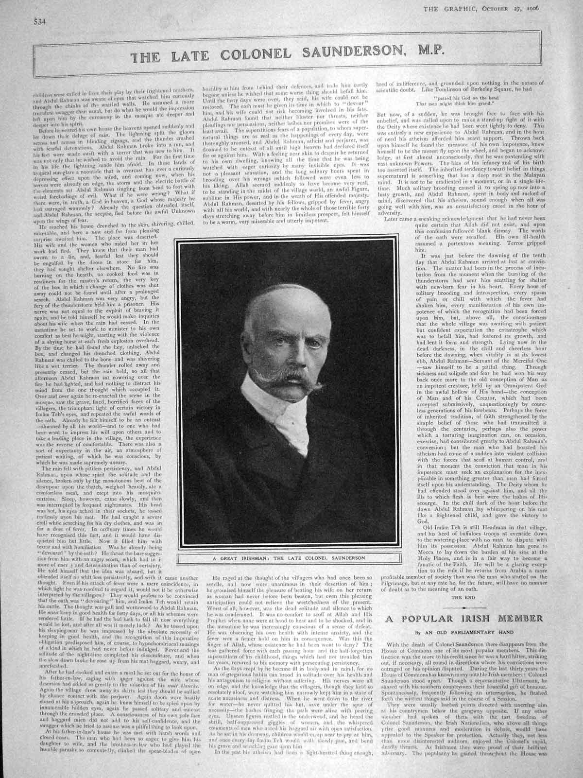 Original Old Antique Print 1906 Portrait Colonel Saunderson Ireland Parliament