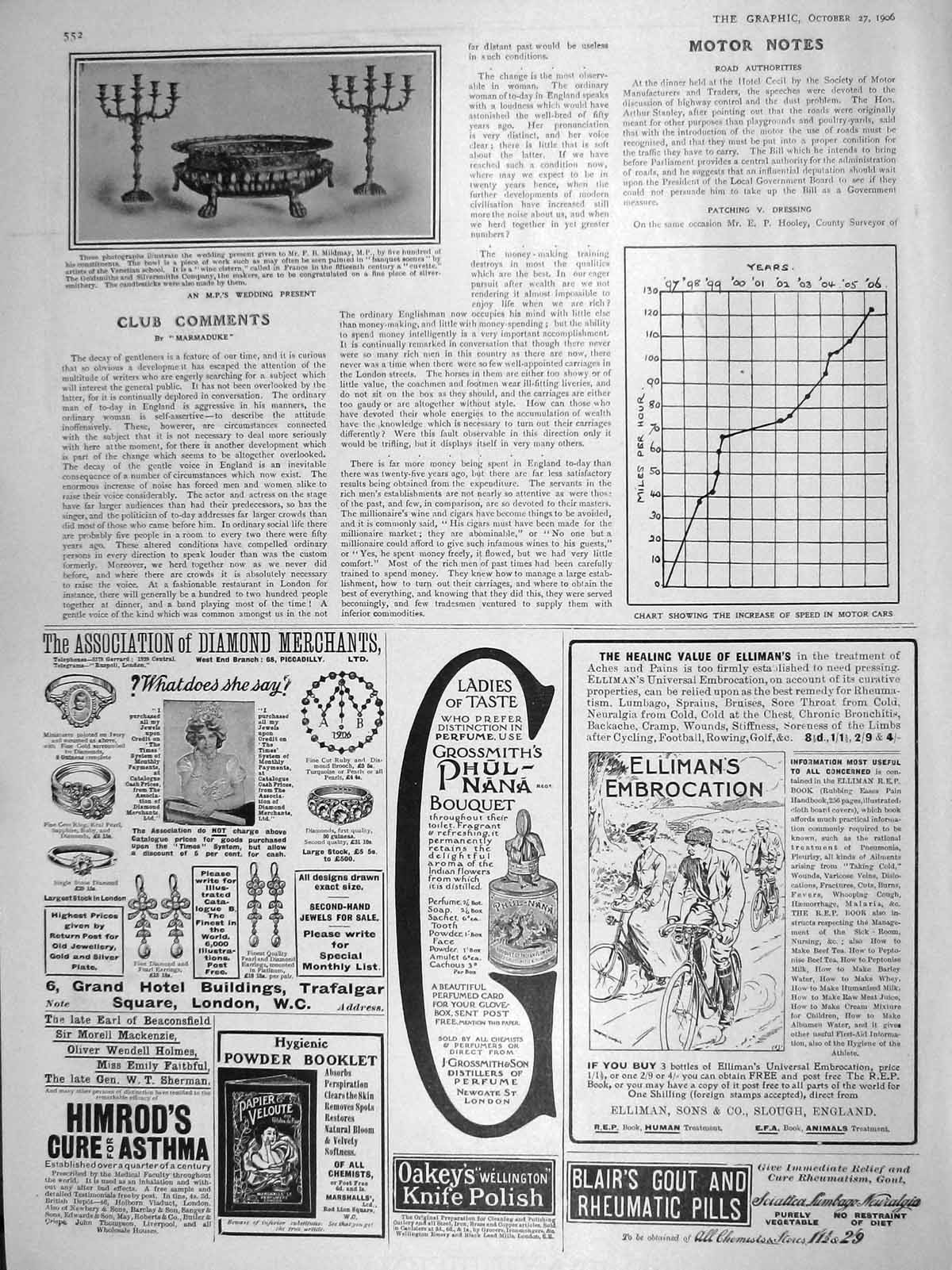 Original Old Antique Print 1906 Wedding Presents Mildmay Chart Speed Motor Cars