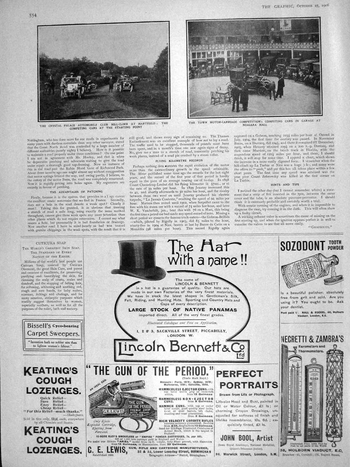 Old Antique Print 1906 Crystal Palace Motor Car Hill-Climb Niagara Hall 20th