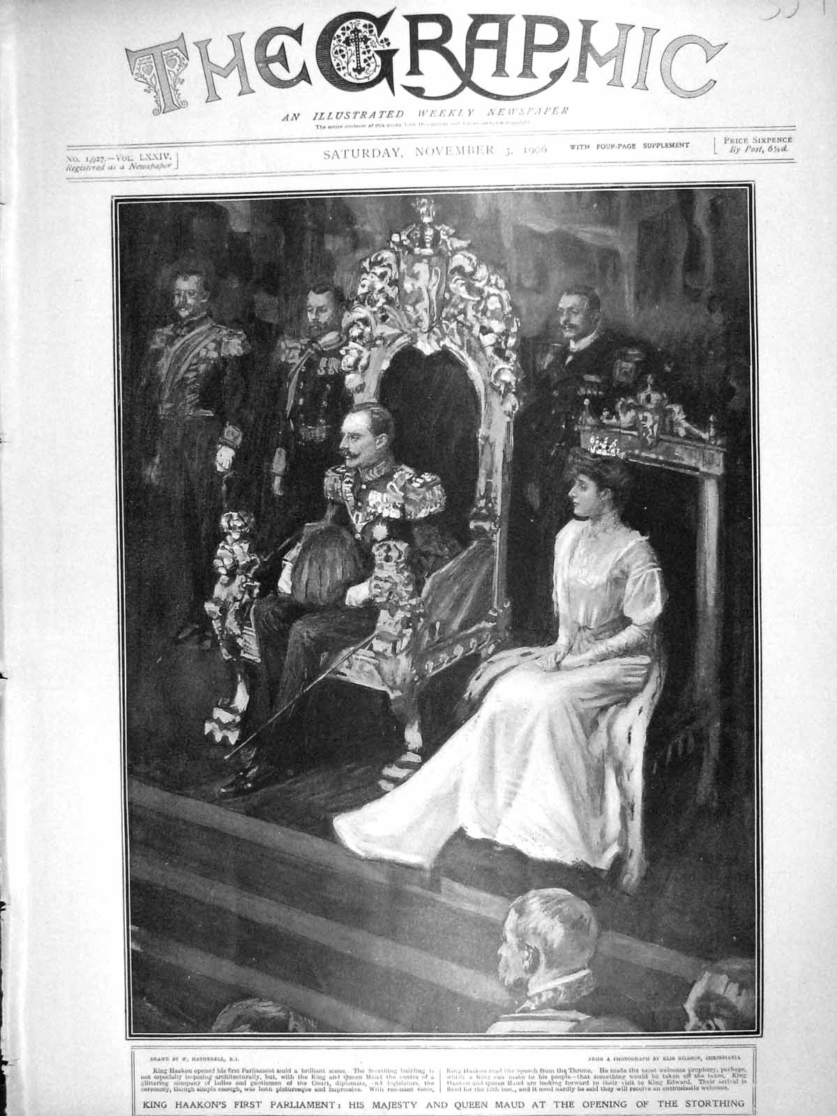 Original Old Antique Print 1906 King Haakon Parliament Queen Maud Storthing