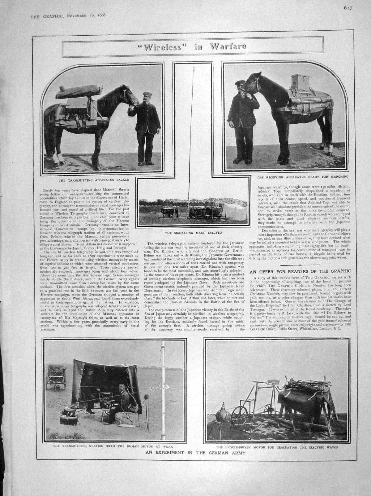 Original Old Antique Print 1906 German Army Transmitting Herbert Ayrton Thaulow