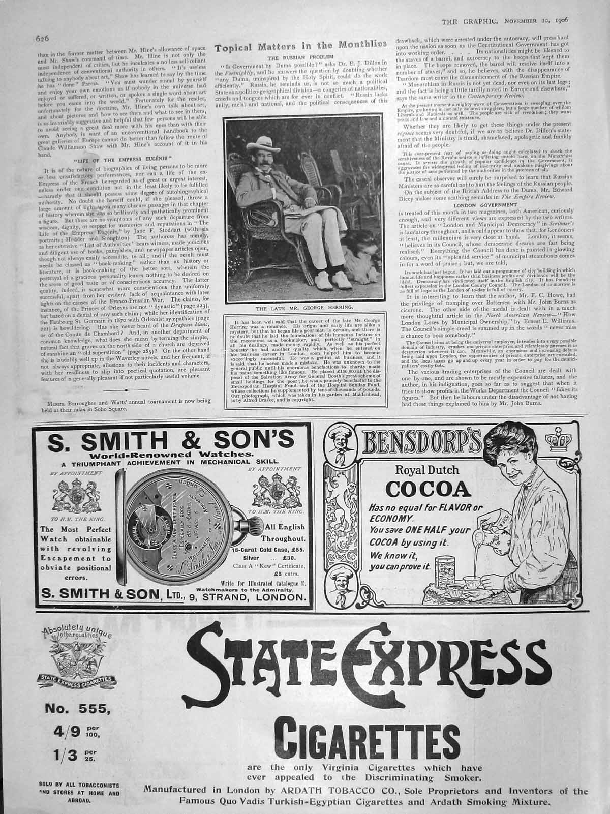 Old Antique Print 1906 Portrait George Herring Express Cigarettes Cocoa 20th