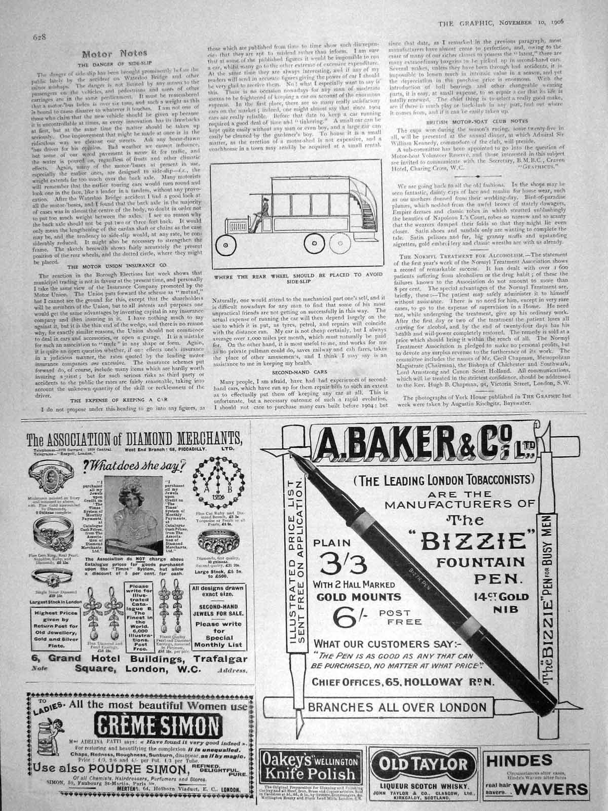 Old Antique Print 1906 Motor Car Danger Rear Wheel Slide-Slip Baker Pen 20th