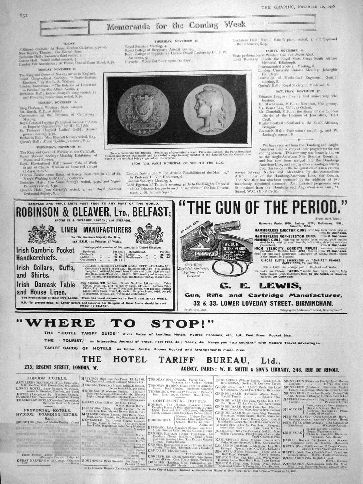 Original Old Antique Print 1906 Paris Municipal Council Medal Lewis Gun Belfast