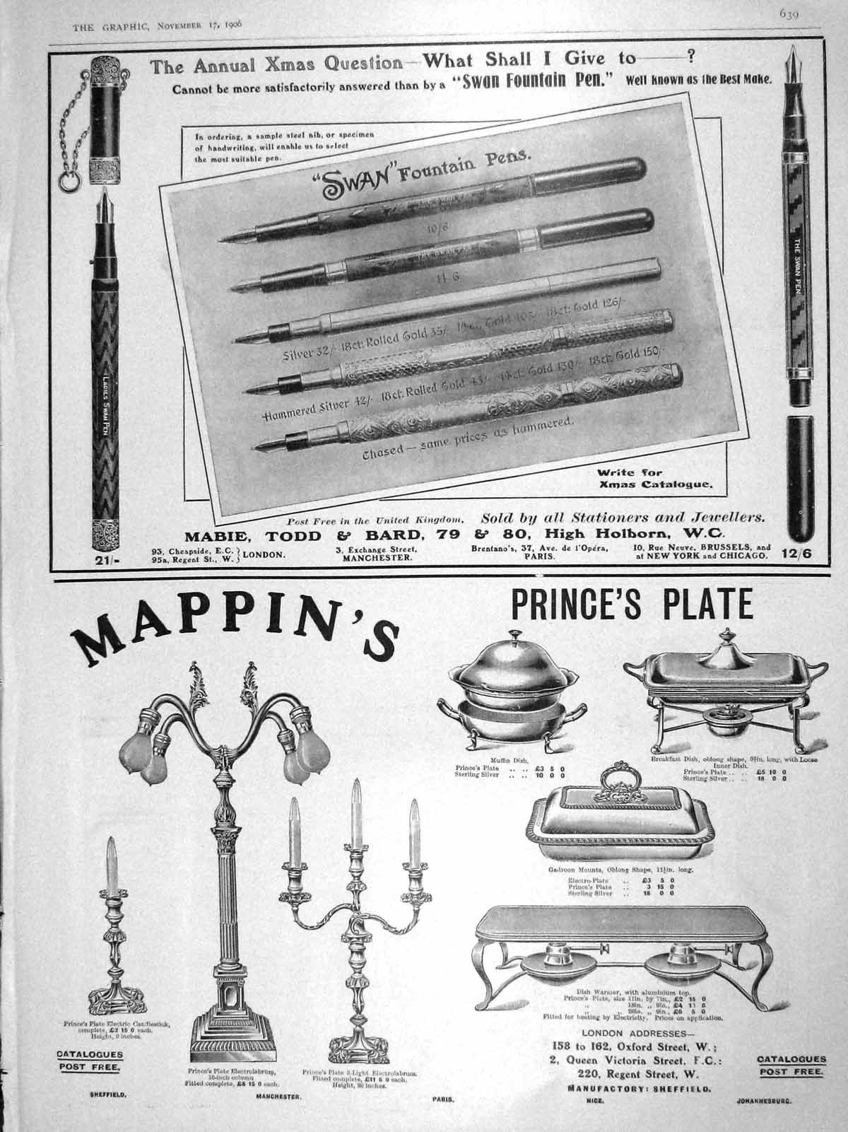 Original Old Antique Print 1906 Swan Fountain Pen Mappin Prince'S Plate London