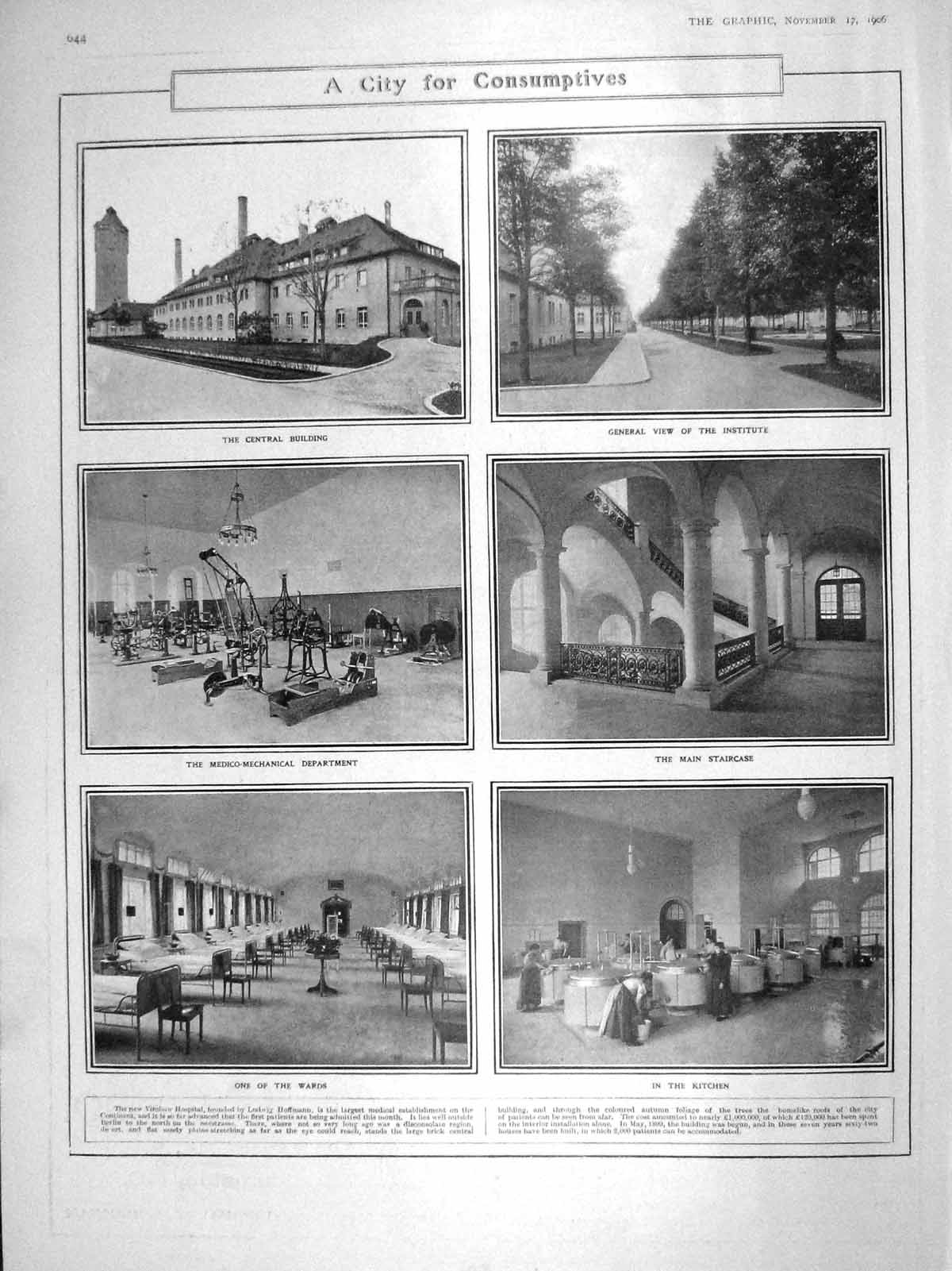 Old Antique Print 1906 Virchow Hospital Hoffmann Ward Kitchen Staircase 20th
