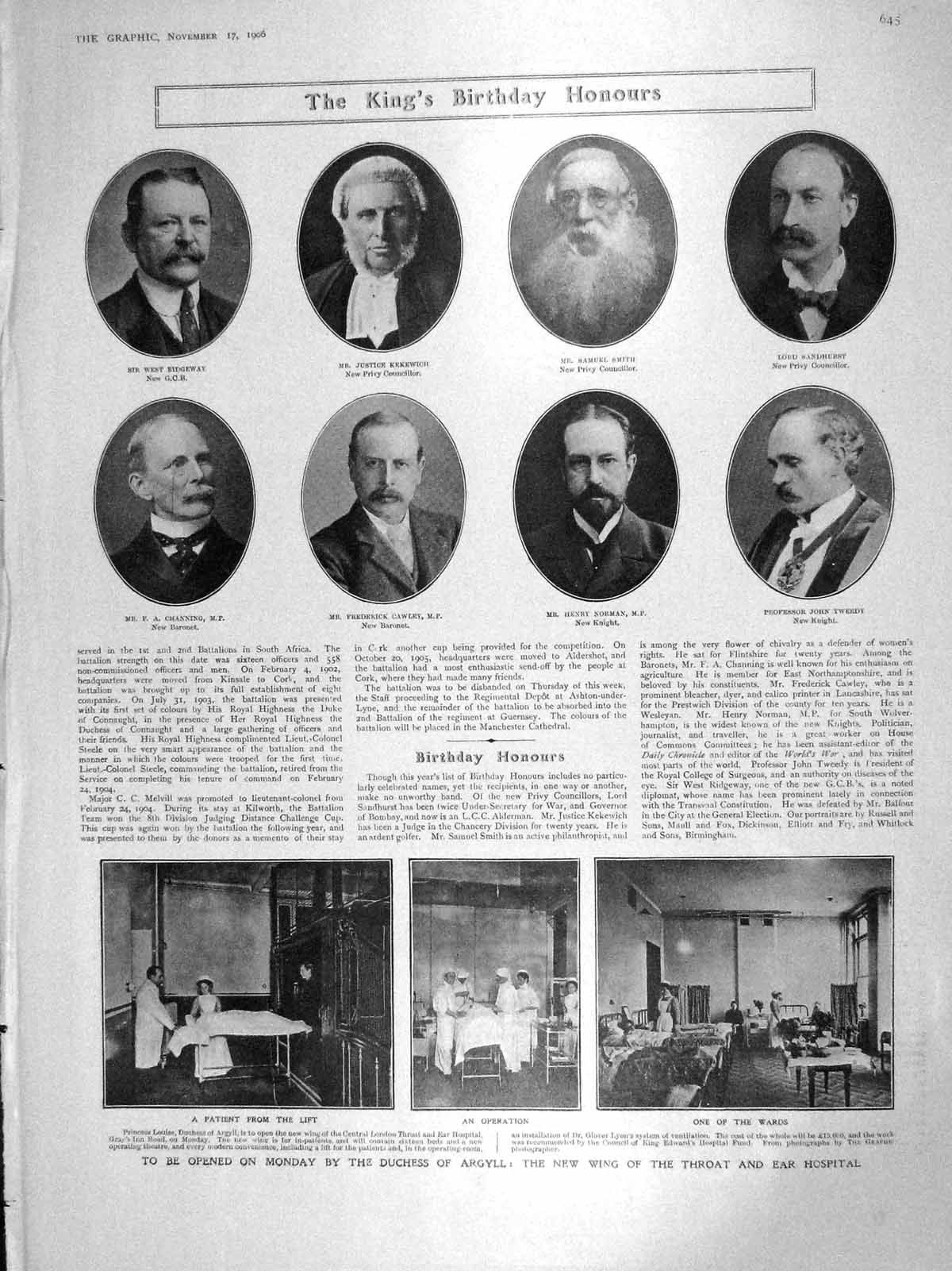 Original Old Antique Print 1906 Ear Hospital Duchess Argyll Norman Smith Cawley