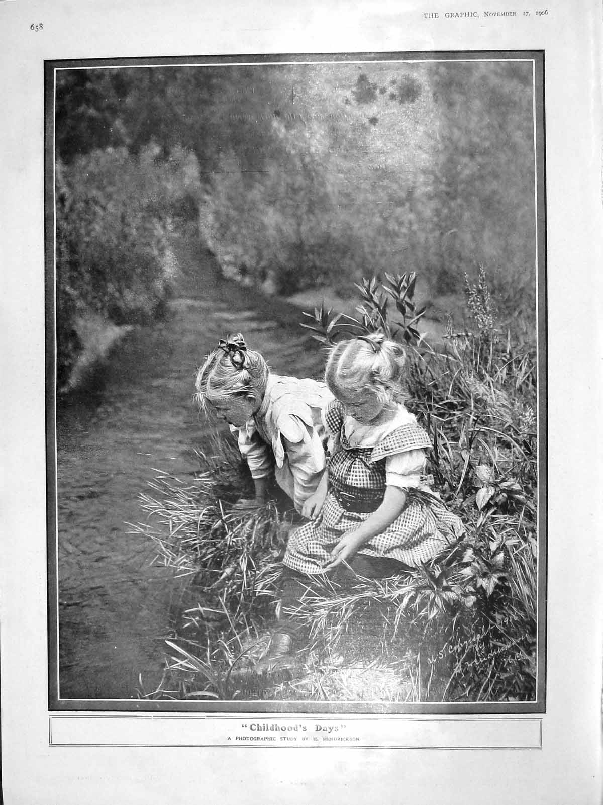 Original Old Antique Print 1906 Childhood Days Little Girls River Hendrickson