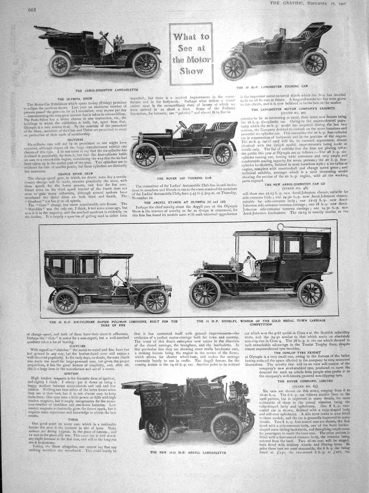 Original Old Antique Print 1906 Motor Car Arrol-Johnston Argyll Siddeley Napier