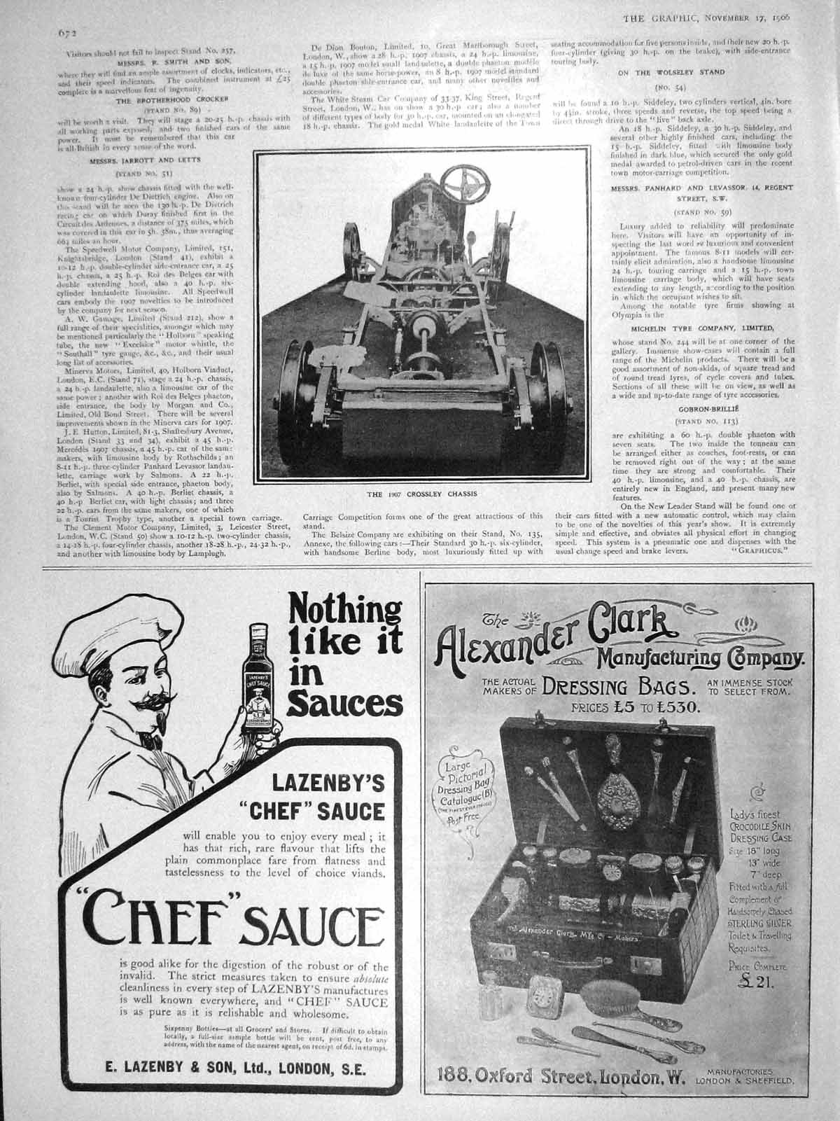 Old Antique Print 1906 Crossley Chasis Motor Car Chef Sauce Dressing Bag 20th