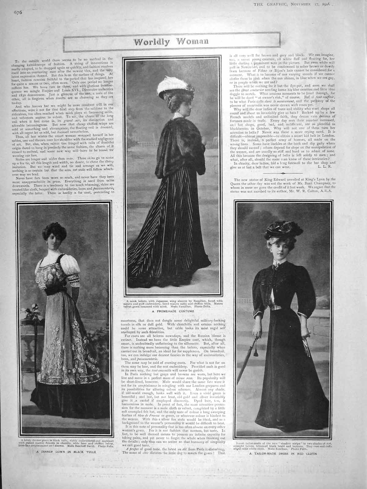 Old Antique Print 1906 Ladies Fashion Promenade Costume Dinner Gown Dress 20th
