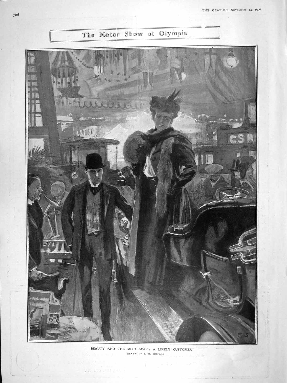 Original Old Antique Print 1906 Motor Car Show Olympia Beautiful Lady Customer
