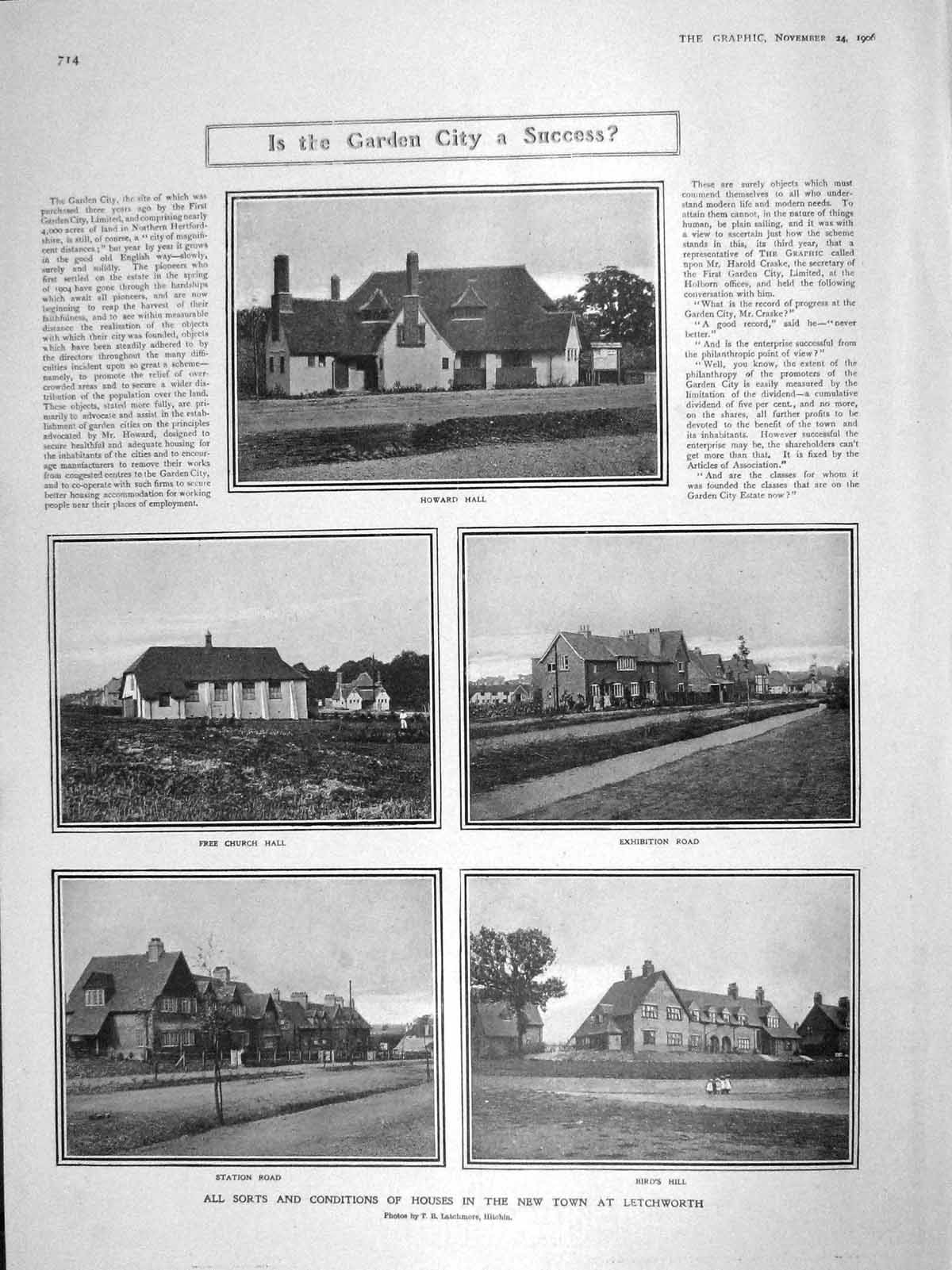 Original Old Antique Print 1906 Howard Hall Free Church Letchworth Bird'S Hill