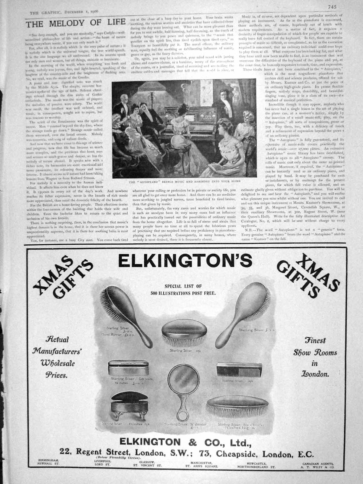 Original Old Antique Print 1906 Autopiano Music Family Home Elkington London