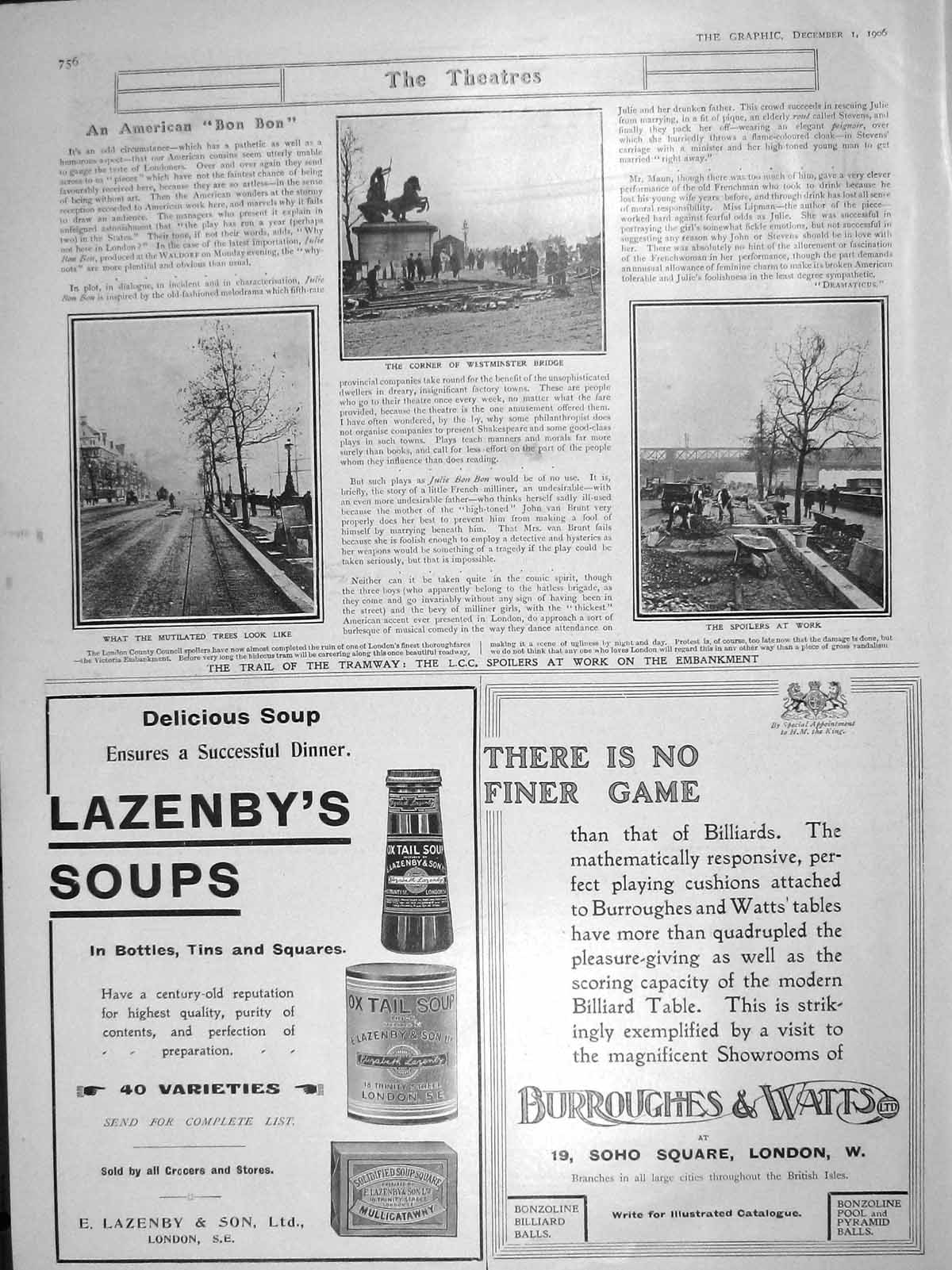 Old Antique Print 1906 Westminster Bridge Tramway L.C.C. Spoilers London 20th